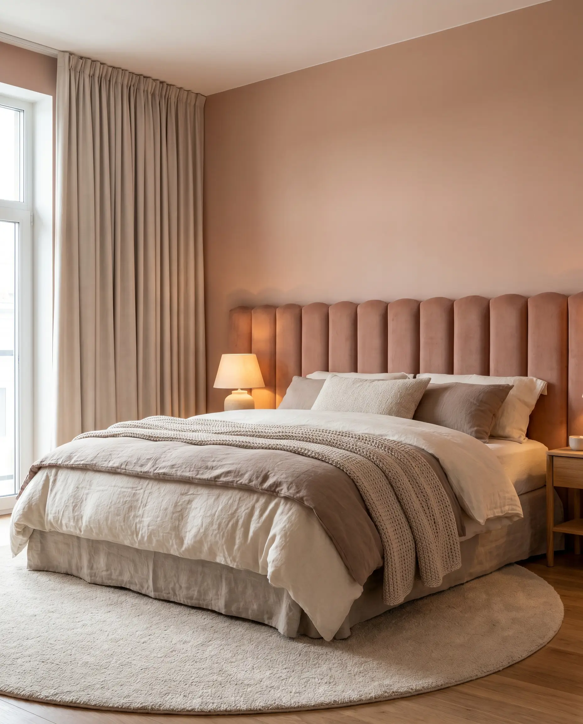 A solid channel-tufted velvet upholstered headboard sits firmly against a Farrow and Ball Setting Plaster wall, securing the commanding position with luxurious padded linen bedding.