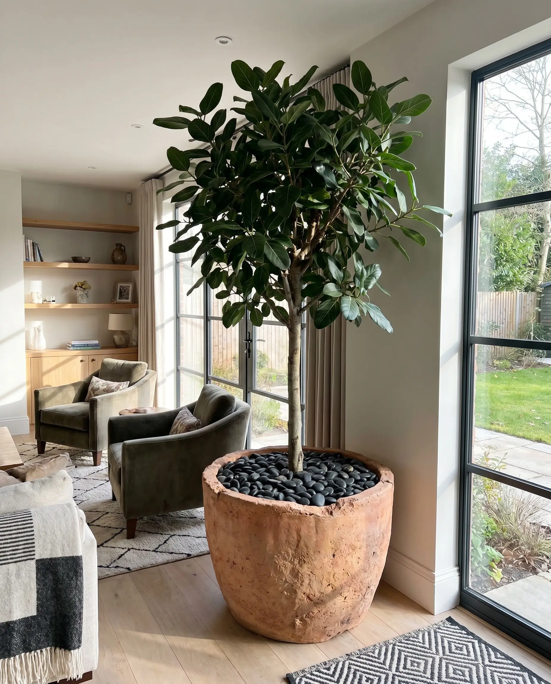 A mature Ficus Audrey tree planted in a heavily textured raw ceramic planter topped with black river stones anchors the corner of a vibrant living room.