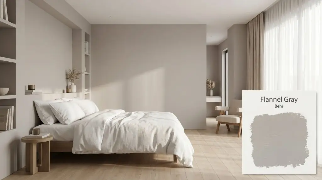 Soft morning light illuminates white oak hardwood floors and crisp linen bedding in a contemporary bedroom showcasing Behr Flannel Gray (Hex #aeadac).