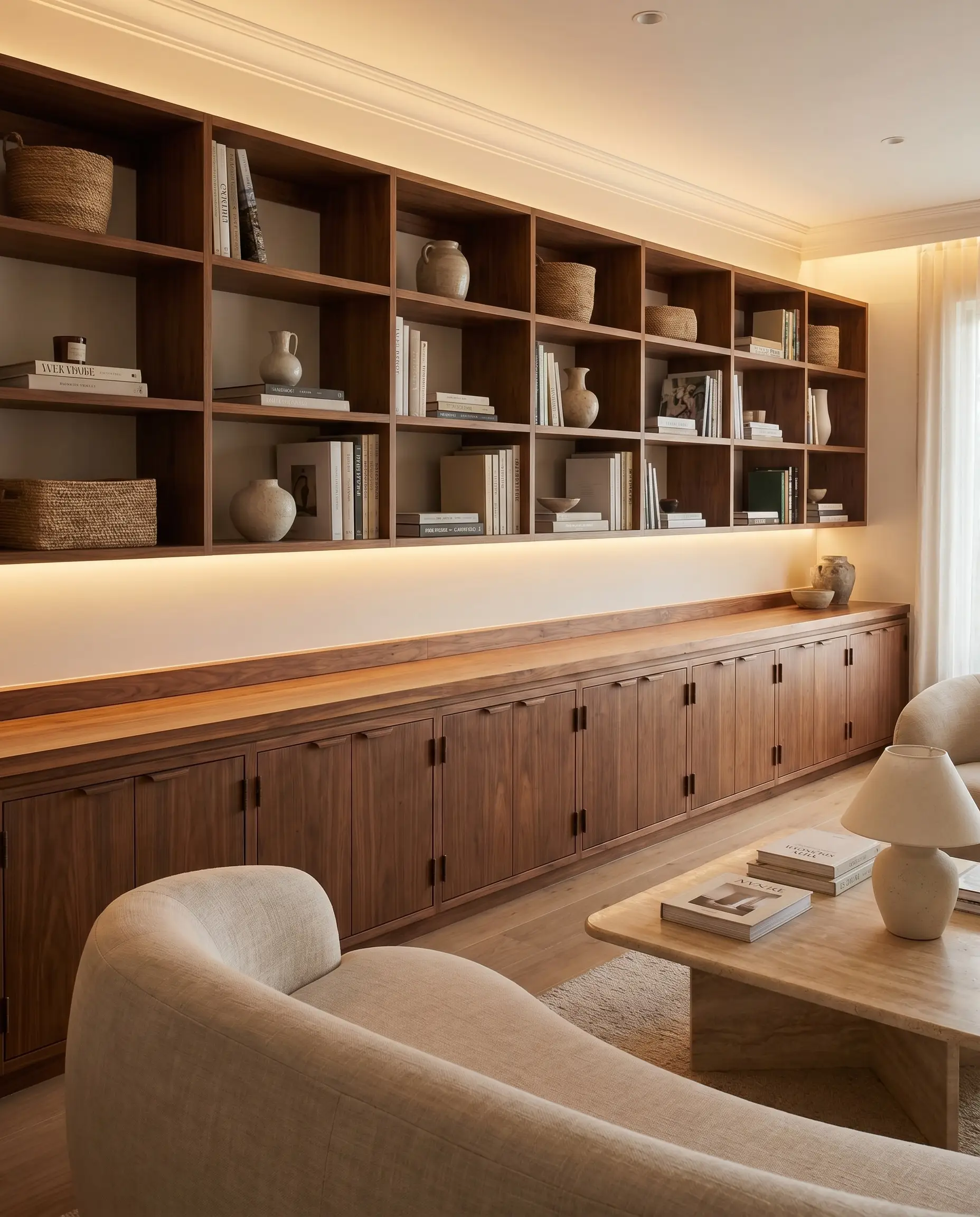 Hardware-free flat-panel walnut base cabinets with continuous baseboard molding step back to a functional counter ledge beneath open book shelving.