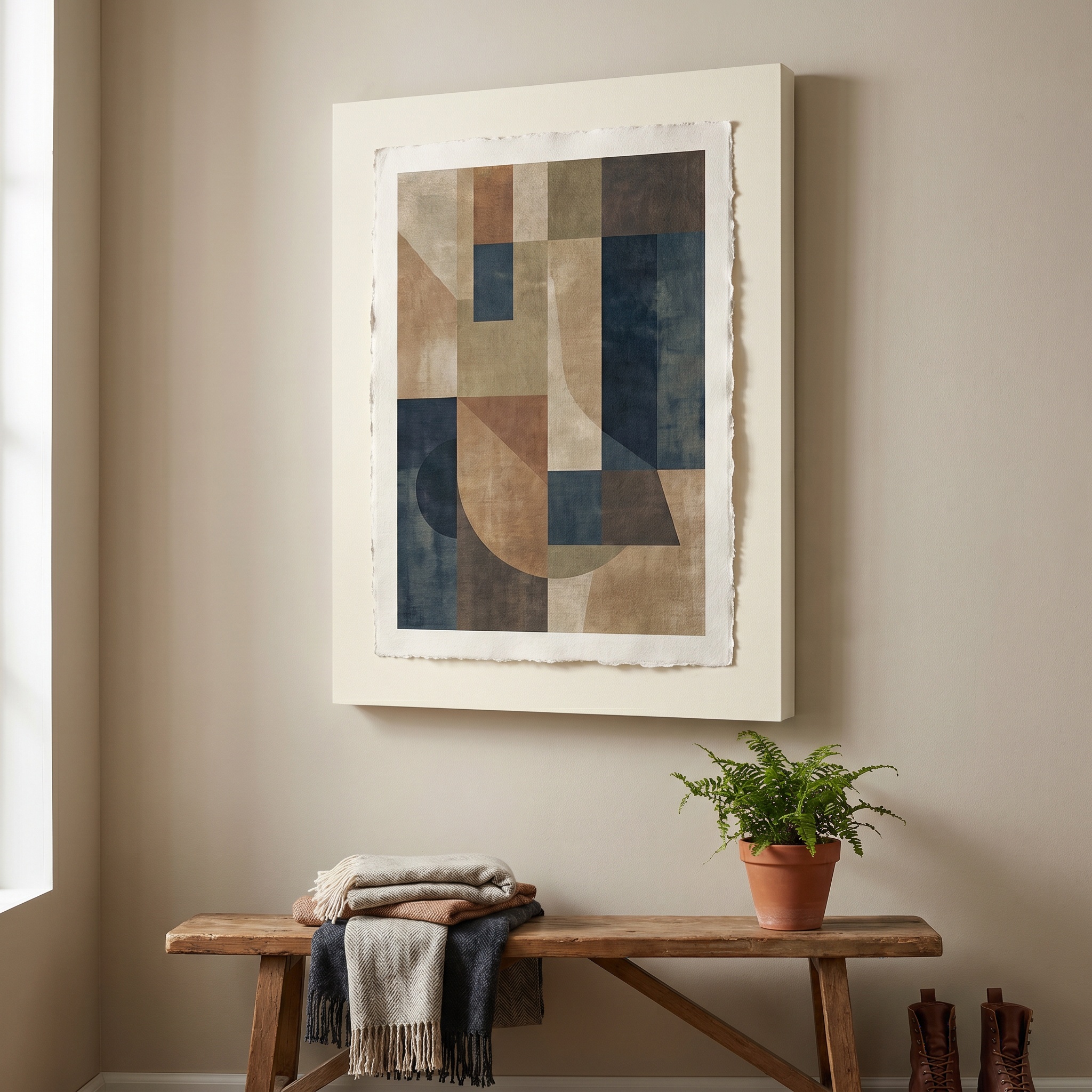 Float mounting techniques display a contemporary abstract poster with raw edges hanging above a modest wooden entryway bench alongside a small potted plant.