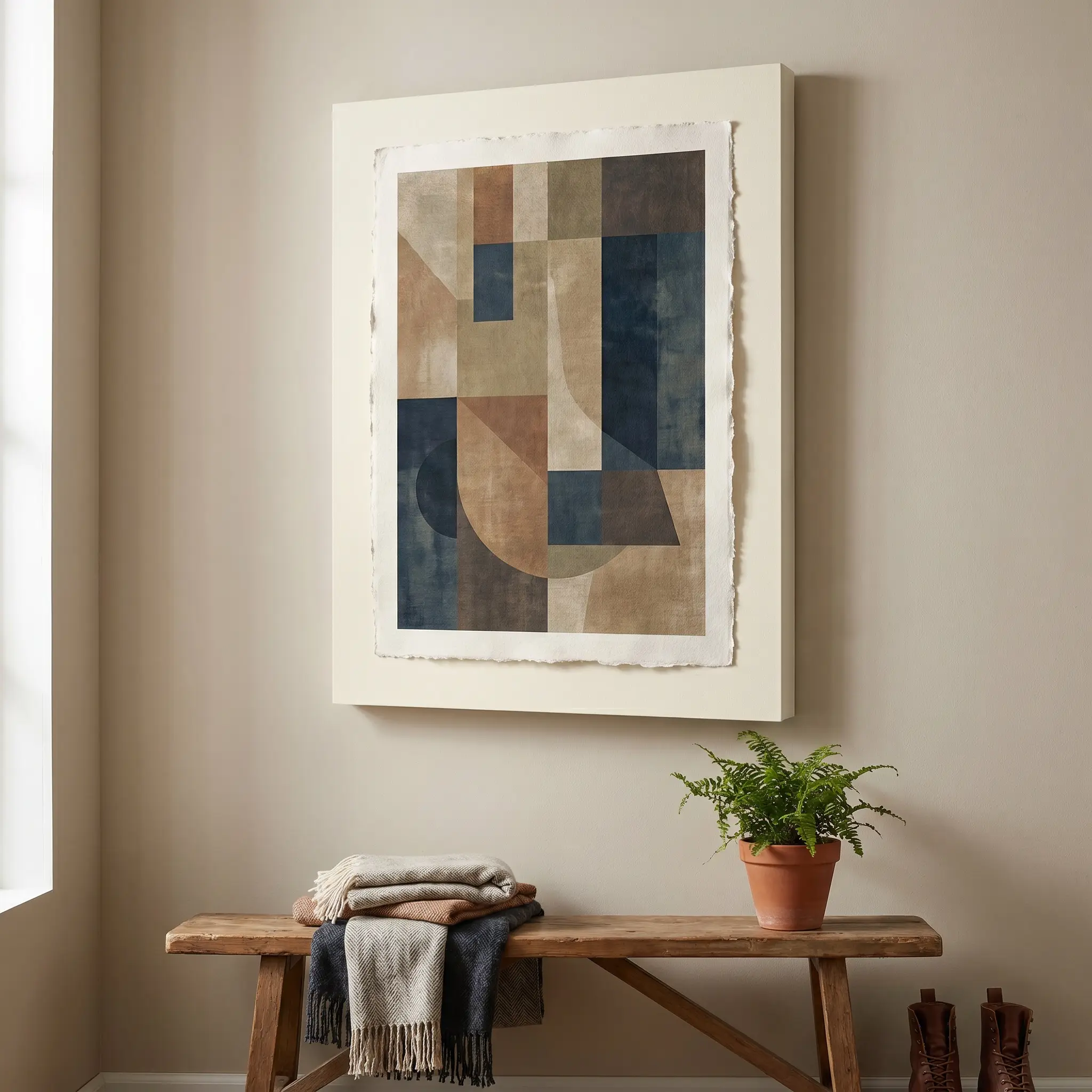 Float mounting techniques display a contemporary abstract poster with raw edges hanging above a modest wooden entryway bench alongside a small potted plant.