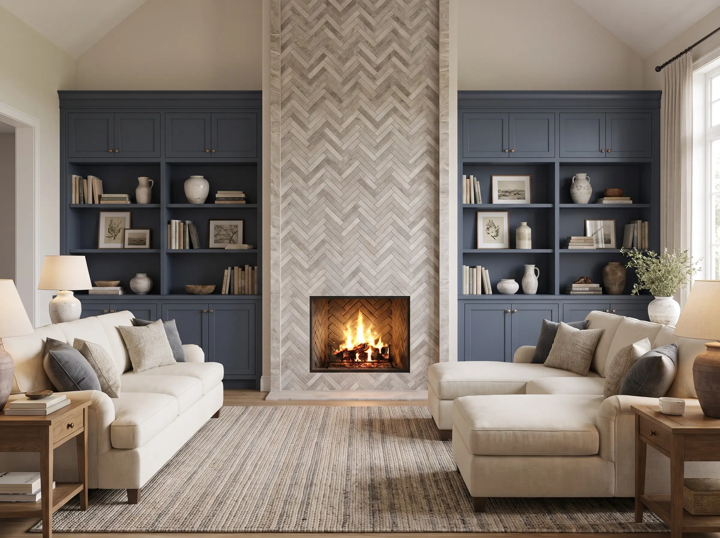A floor-to-ceiling herringbone fireplace surround is flanked by custom millwork built-in cabinetry painted in Hale Navy blue behind a plush neutral sectional sofa.