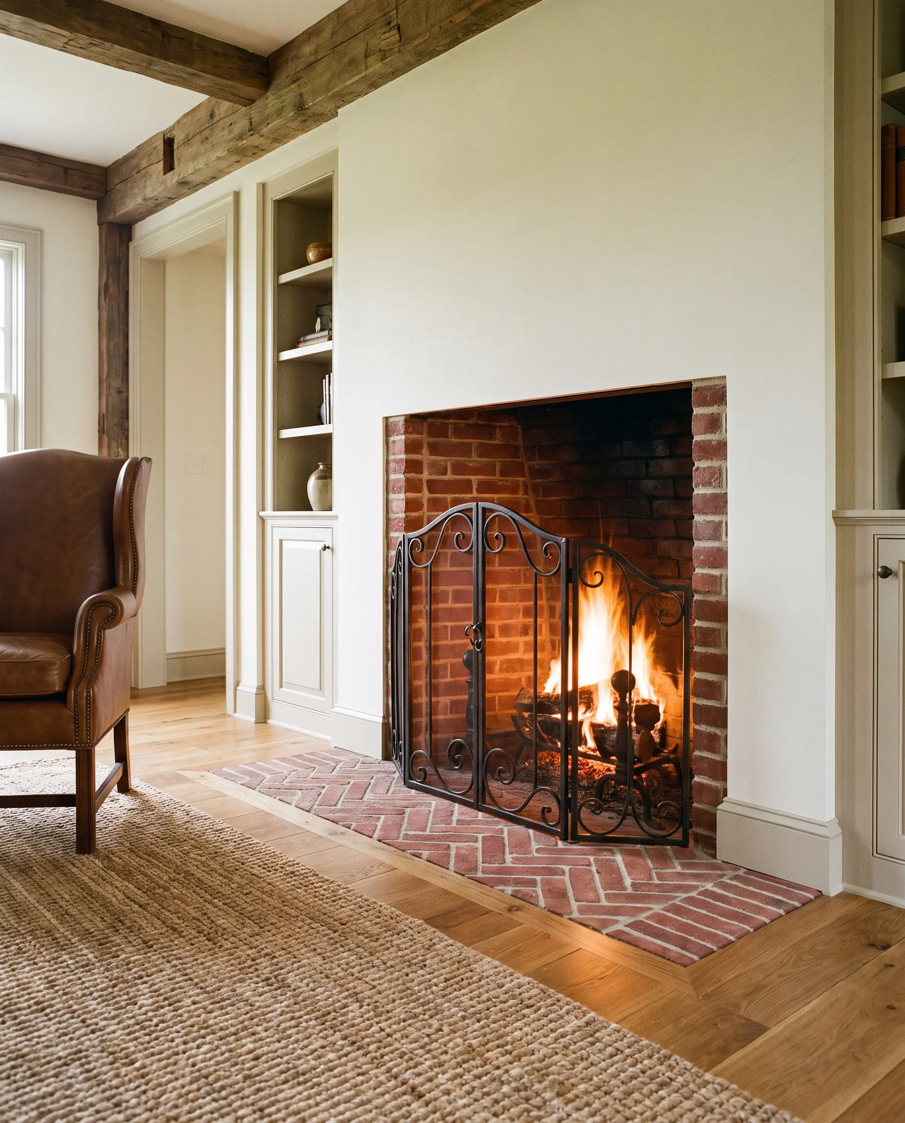 A flush herringbone brick fireplace hearth sits completely level with perpendicular hardwood flooring, leading into a matching red brick interior firebox behind a wrought-iron screen.