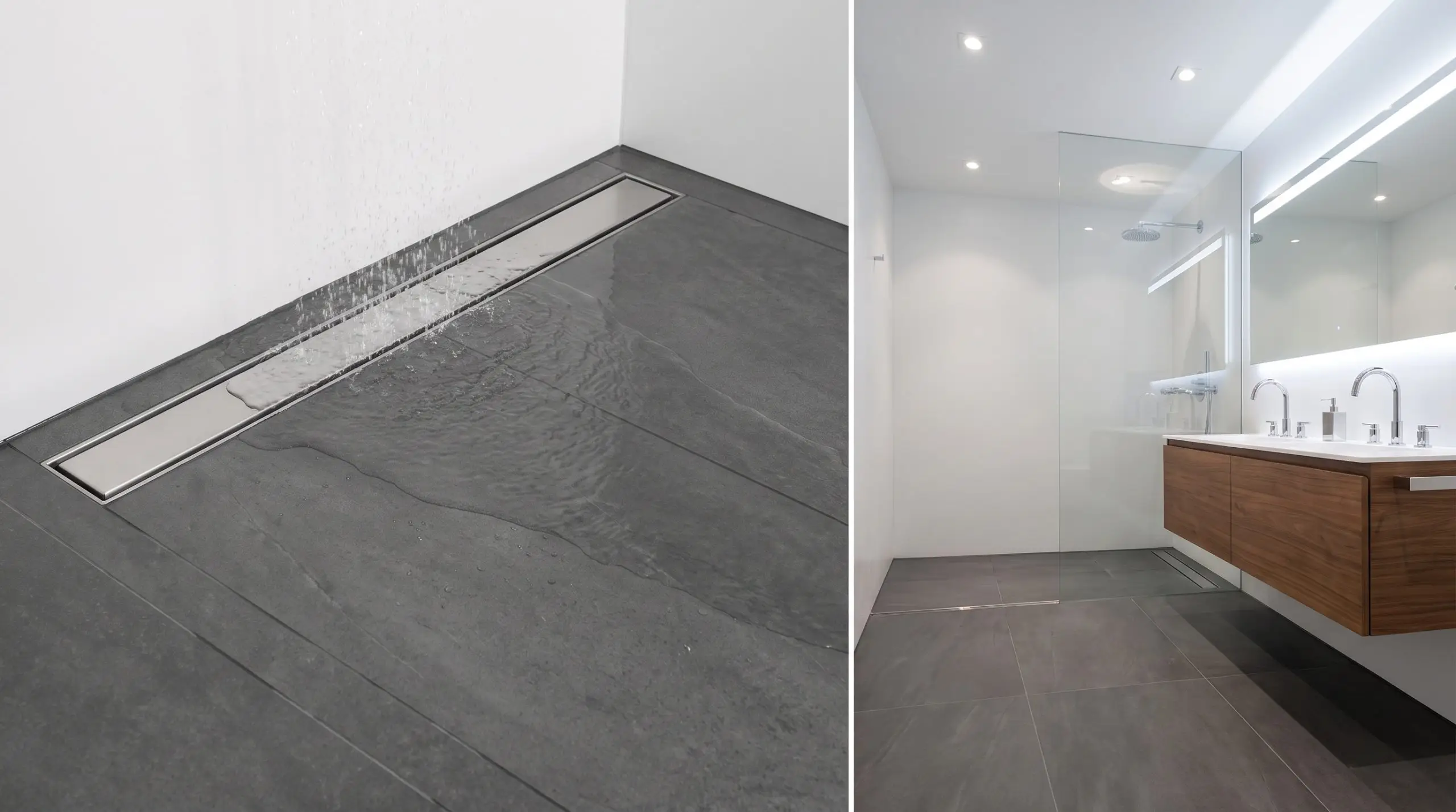A high-capacity stainless steel flush-mount infinity linear drain sits at the back wall of a shower surrounded by uncut large-format floor tiles and polished chrome hardware.
