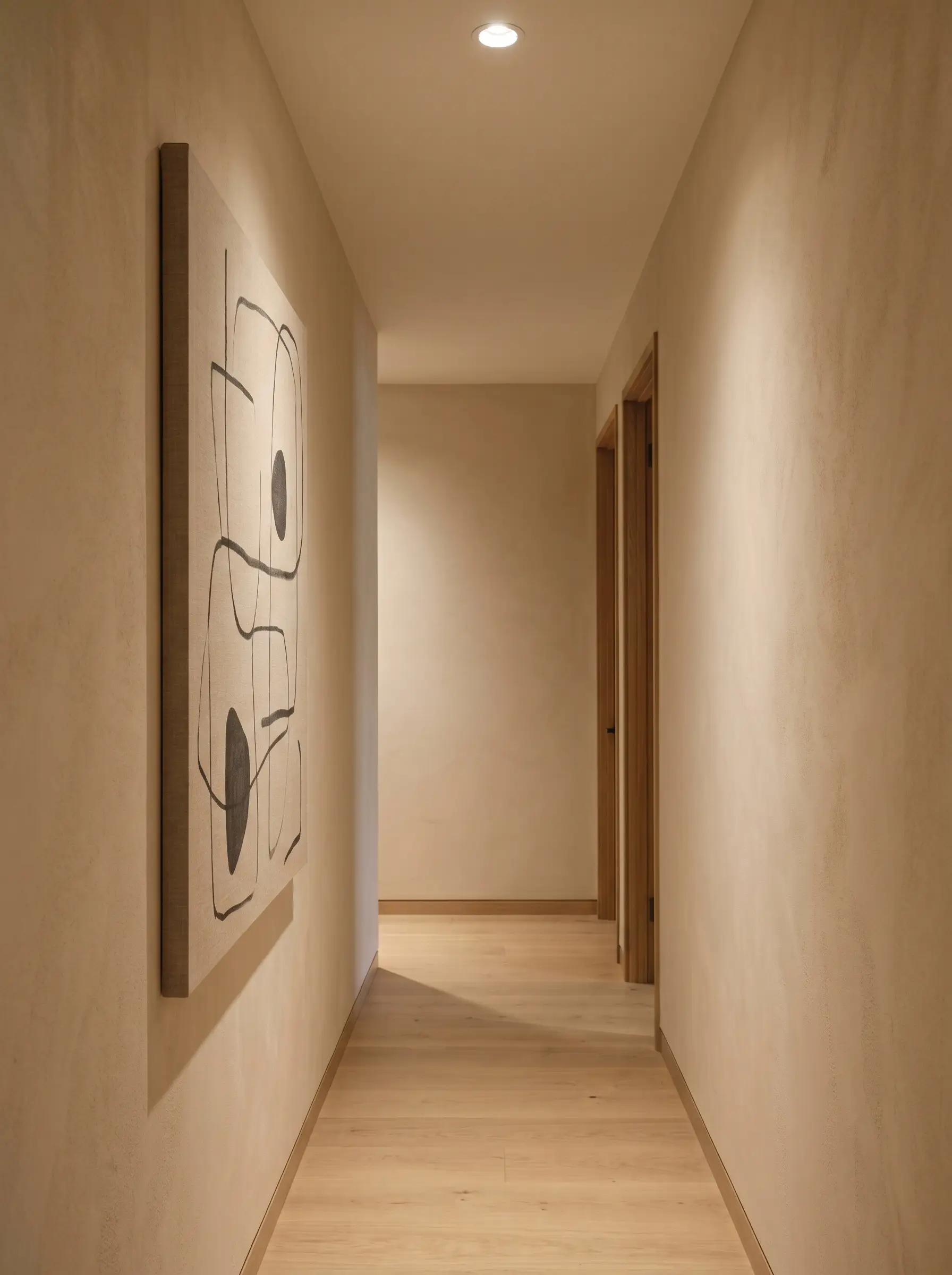 An ultra-thin raw linen canvas featuring a minimalist abstract design serves as space-saving narrow hallway wall decor mounted flush against drywall.