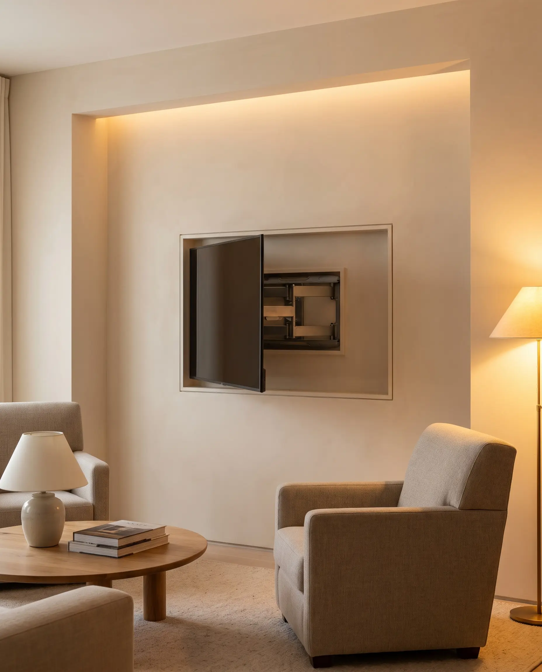 A fire-rated drywall alcove frames a flush-mount television aligned with a smooth plaster wall and recessed media box in a tailored architectural space.