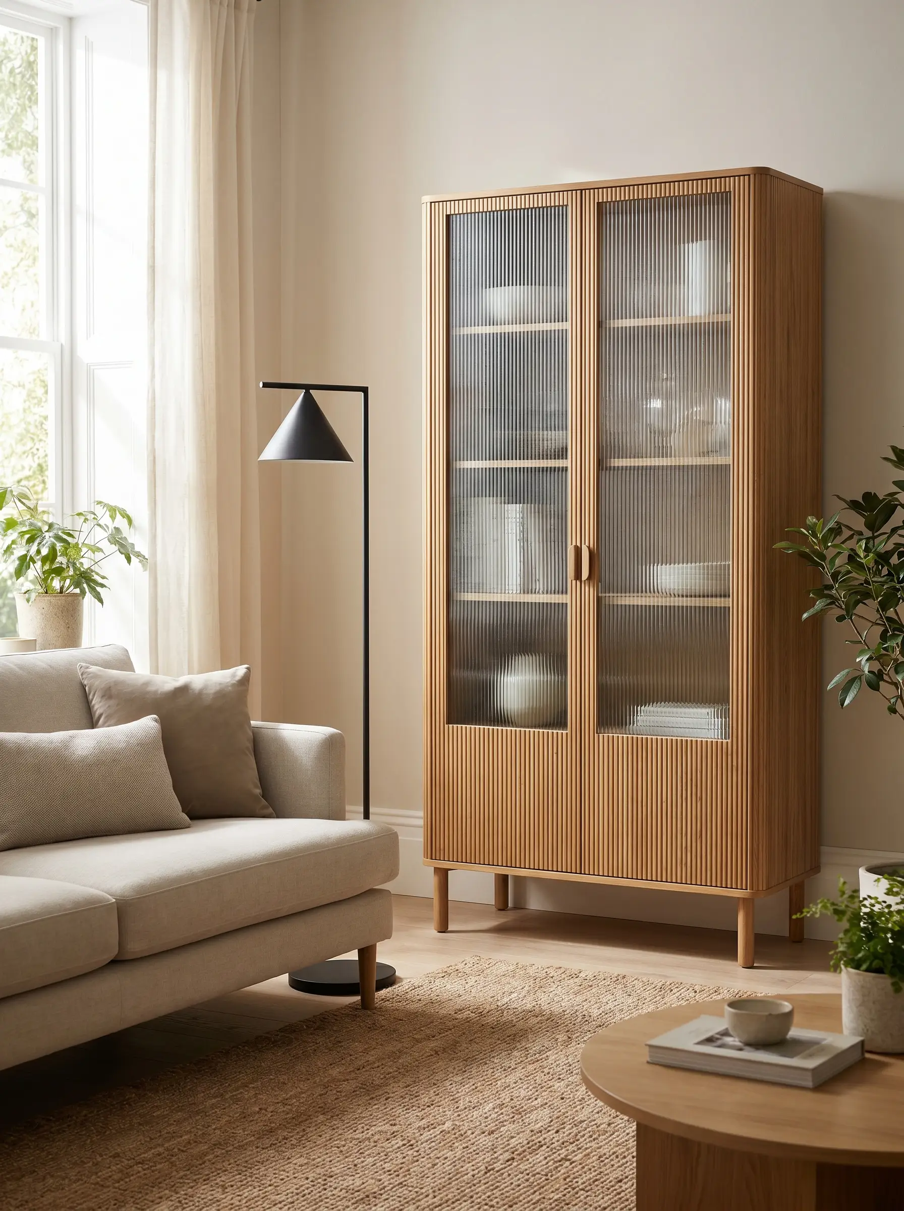 A transitional display cabinet featuring reeded oak detailing and fluted glass doors stands beside a clean-lined modern sofa and a matte black iron floor lamp.