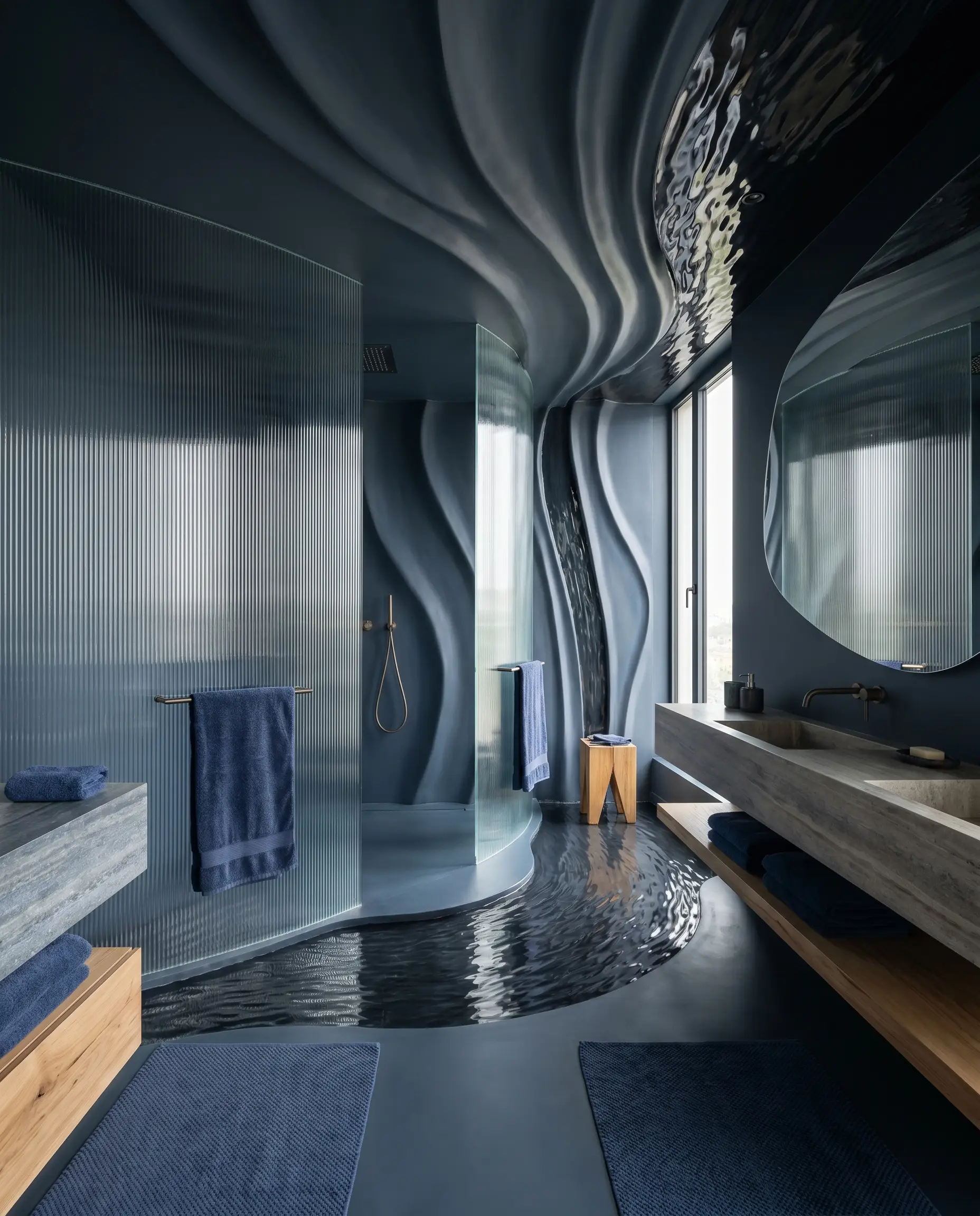 Fluted cast glass shower partitions and an asymmetrical mirror complement deep indigo oceanic textiles and Farrow and Ball Hague Blue walls in a contemporary architectural bathroom.