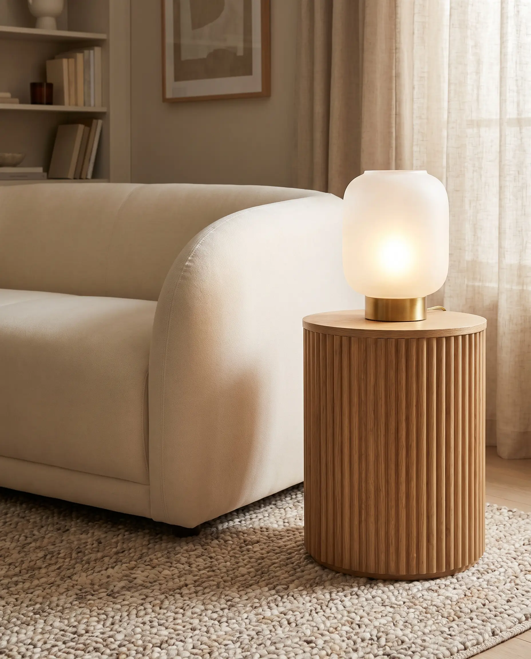 A solid white oak cylindrical side table with deep fluting holds a glowing table lamp beside the sweeping arm of a curved upholstered sofa.