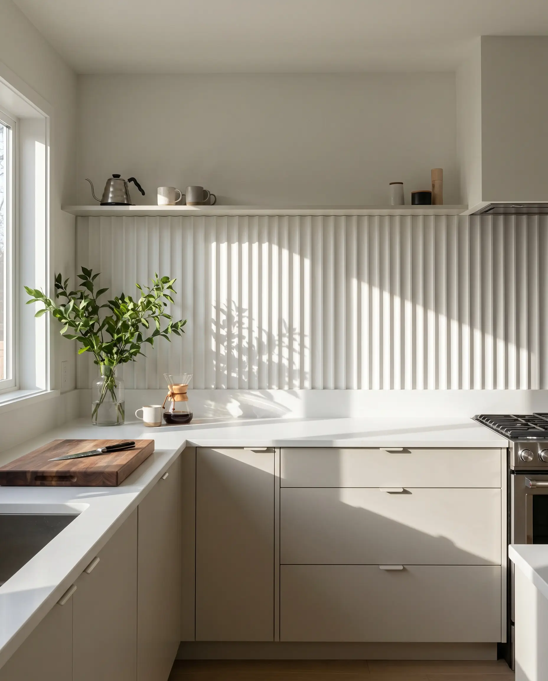 Deep vertical grooves define a 24x48-inch fluted porcelain panel backsplash sitting above a matte white solid surface countertop and Benjamin Moore Pale Oak cabinetry.