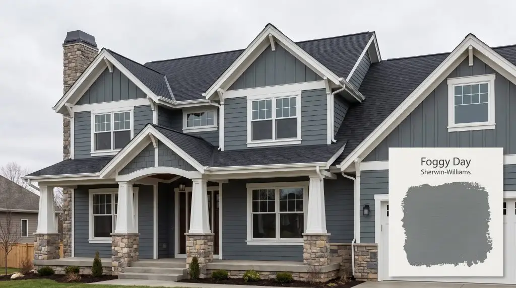 White trim and natural stone accents detail a modern craftsman home exterior facade painted in Sherwin-Williams Foggy Day (Hex #727C7F).