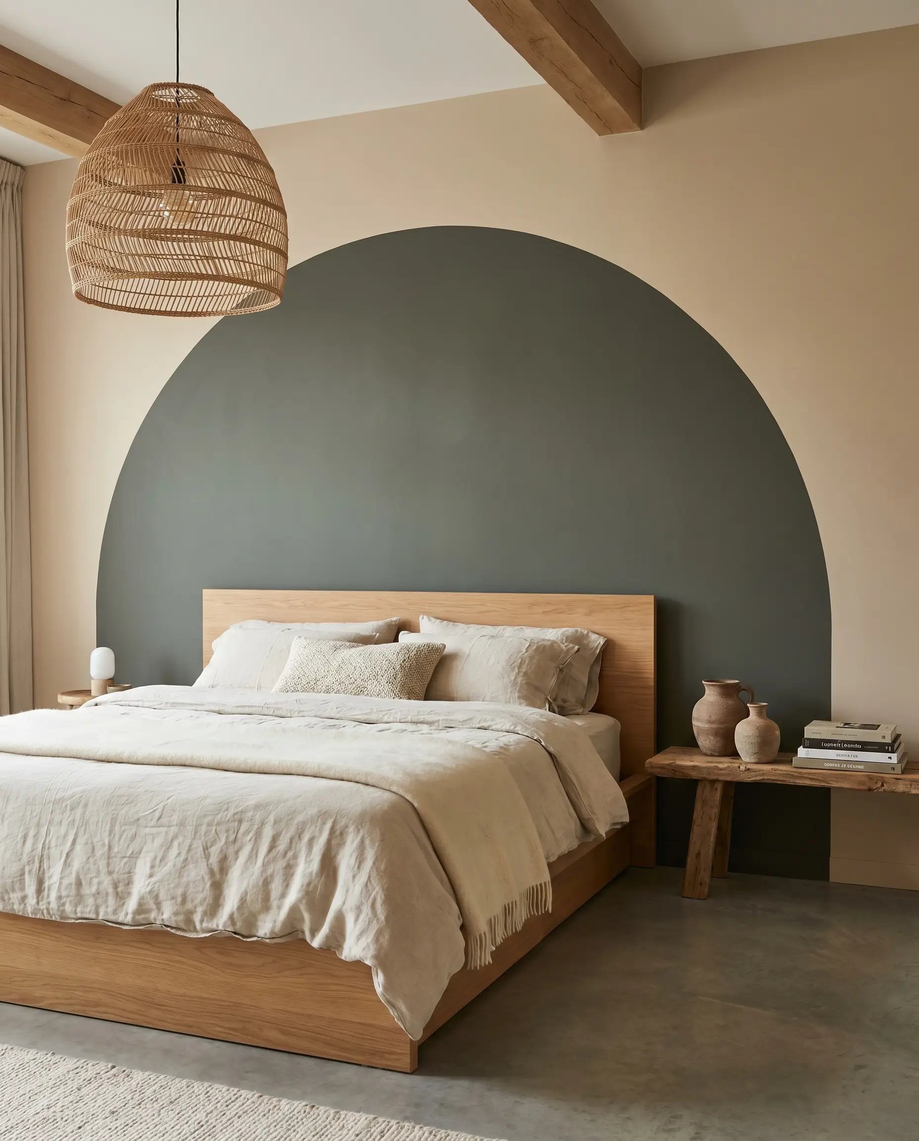 A simple modern wooden bed frame sits centered within a sweeping forest green painted arch applied over a raw plaster base wall.