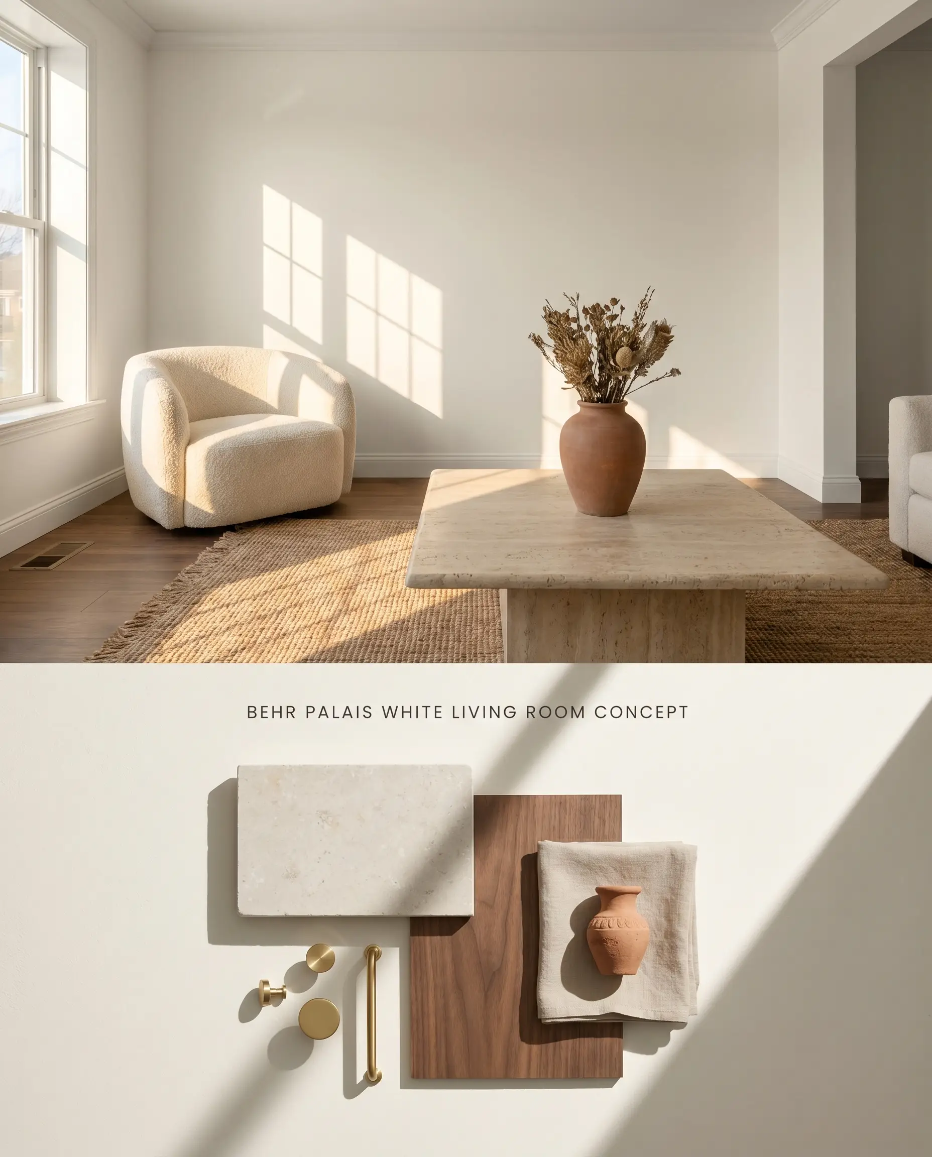 A split digital conceptual board displaying a formal warm white living room above a physical flat-lay of honed limestone and unlacquered brass swatches.