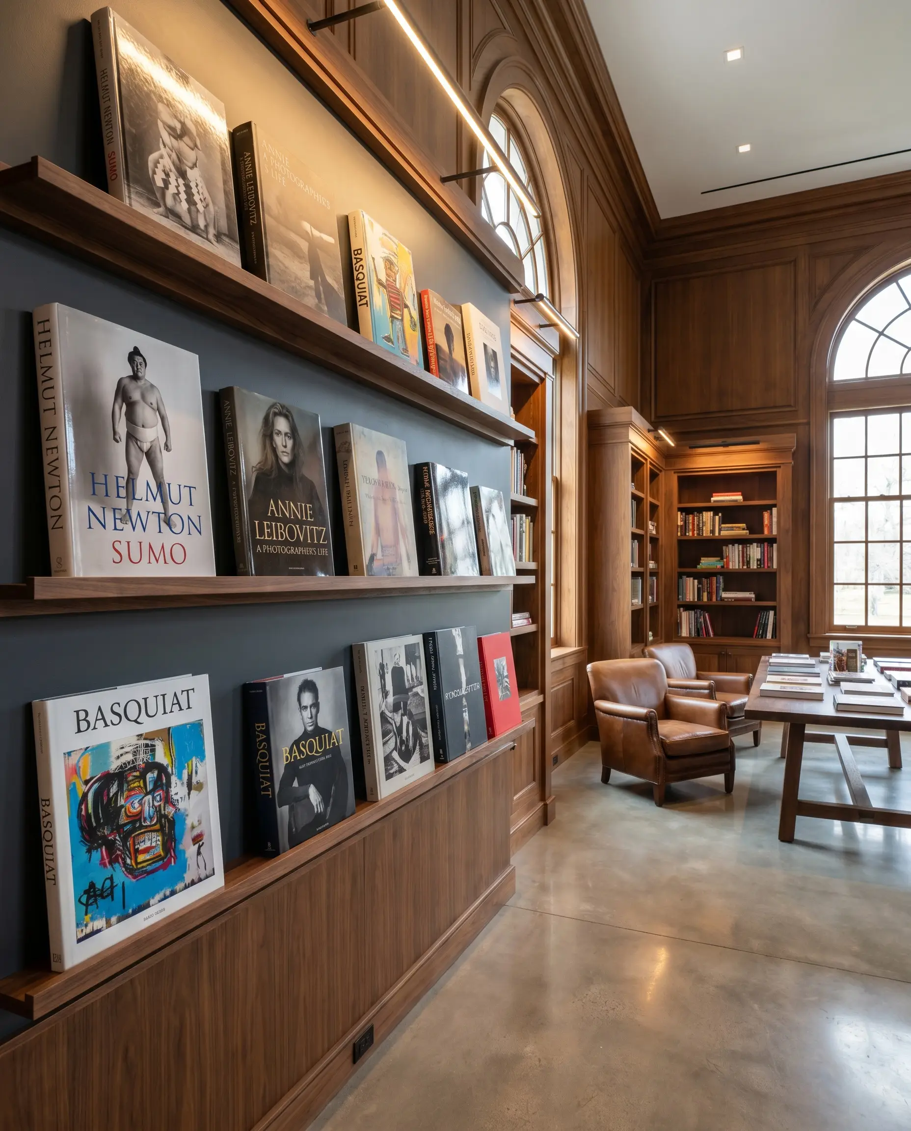 A shallow two-inch deep picture ledge trim with a subtle front lip displays massive, oversized art and photography books facing forward.