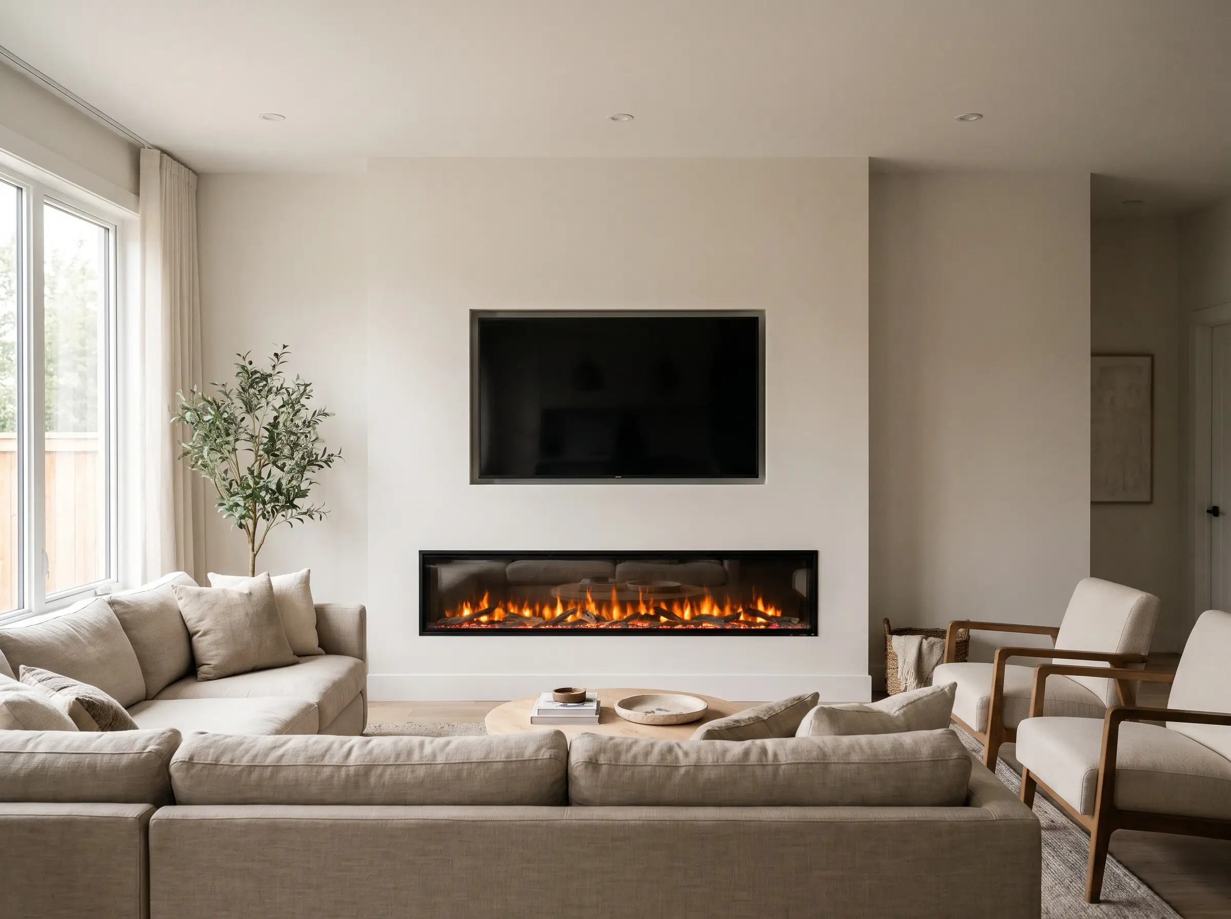 A frameless linear electric fireplace and flat-screen television align symmetrically on a flat drywall plane with precisely twelve inches of negative space between them.