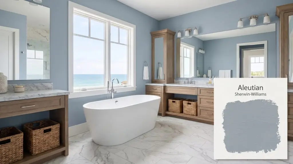 A freestanding white soaking tub sits on marble floor tiles in a tranquil bathroom finished in Sherwin-Williams Aleutian (Hex #98A9B7).