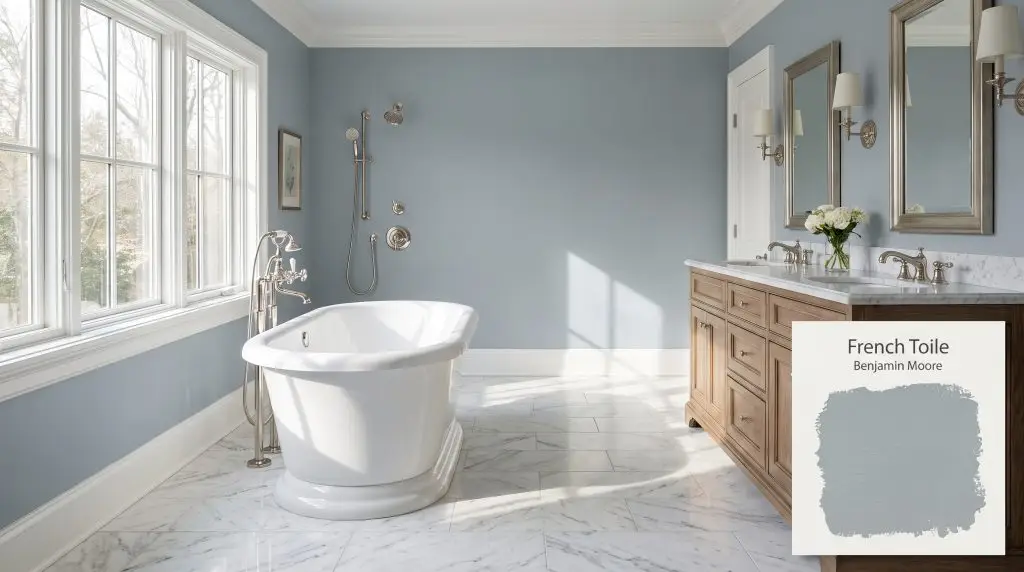 A freestanding white soaking tub sits on marble floor tiles against bathroom walls painted in French Toile (Hex #A2B0B7) with polished nickel fixtures.