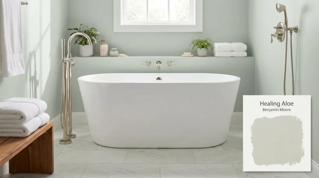 A freestanding white soaking tub and polished nickel fixtures rest on light marble tiles below soft blue-green-gray walls in Benjamin Moore Healing Aloe (Hex #D5DBD2).