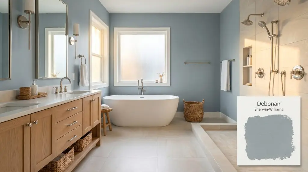 Morning sunlight streams through frosted glass onto walls finished in Sherwin-Williams Debonair (Hex #90A0A6), surrounding a freestanding white soaking tub.
