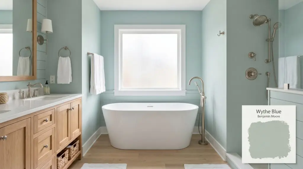 Polished nickel fixtures and a white freestanding tub complement serene coastal bathroom walls finished in Benjamin Moore Wythe Blue (Hex #AABEB4).