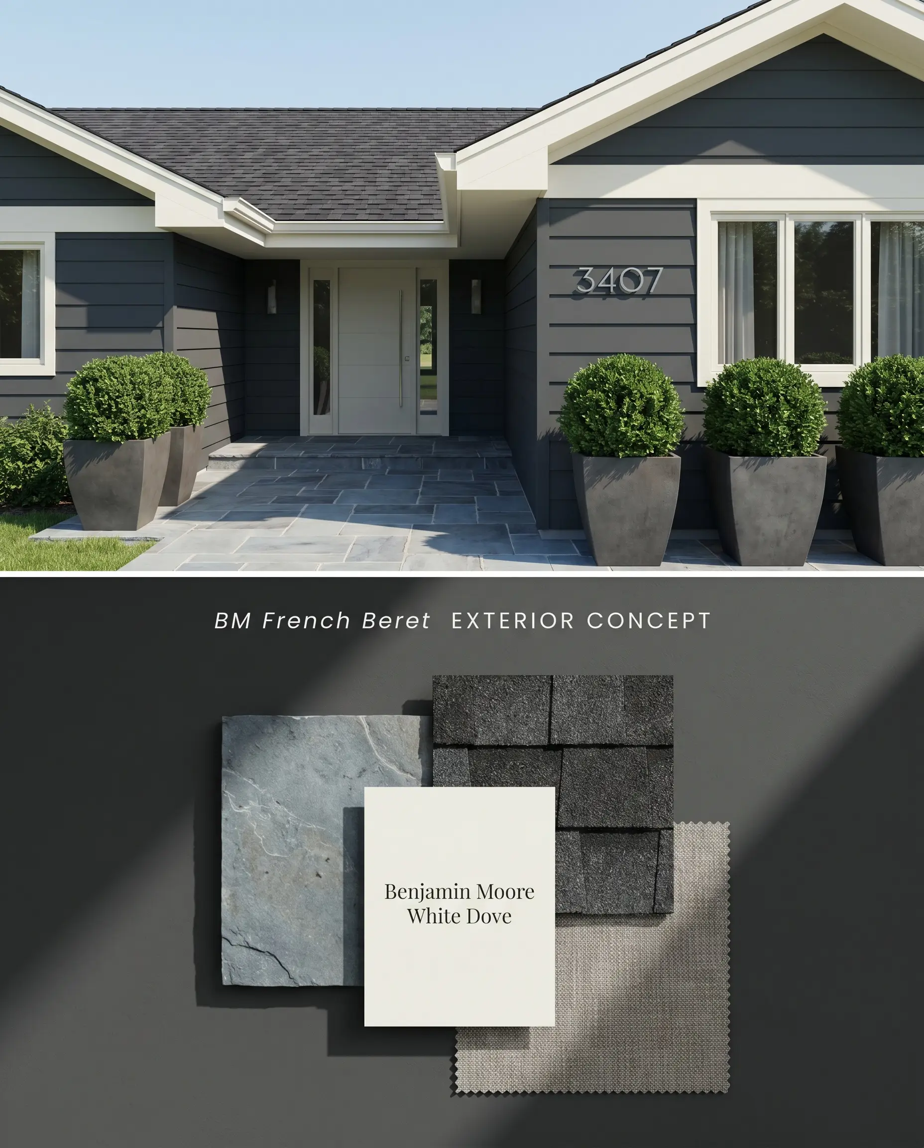 A split digital conceptual board for exterior siding showcasing French Beret architecture above, complemented by a textured bluestone and architectural shingle flat-lay below.