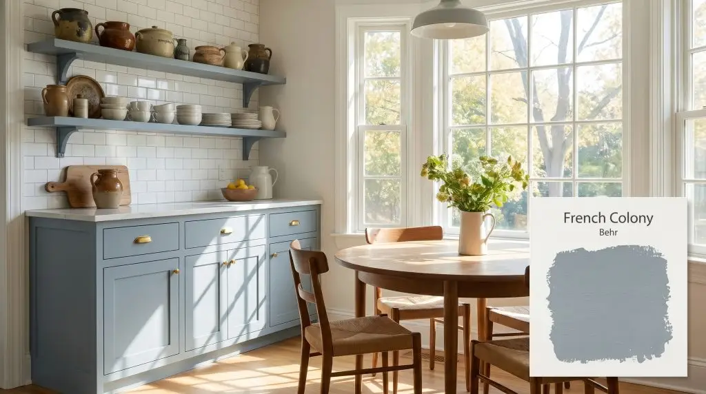 A bright breakfast nook features open shelving, a white subway tile backsplash, and kitchen cabinets finished in Behr N480-4 (Hex #90a1aa).
