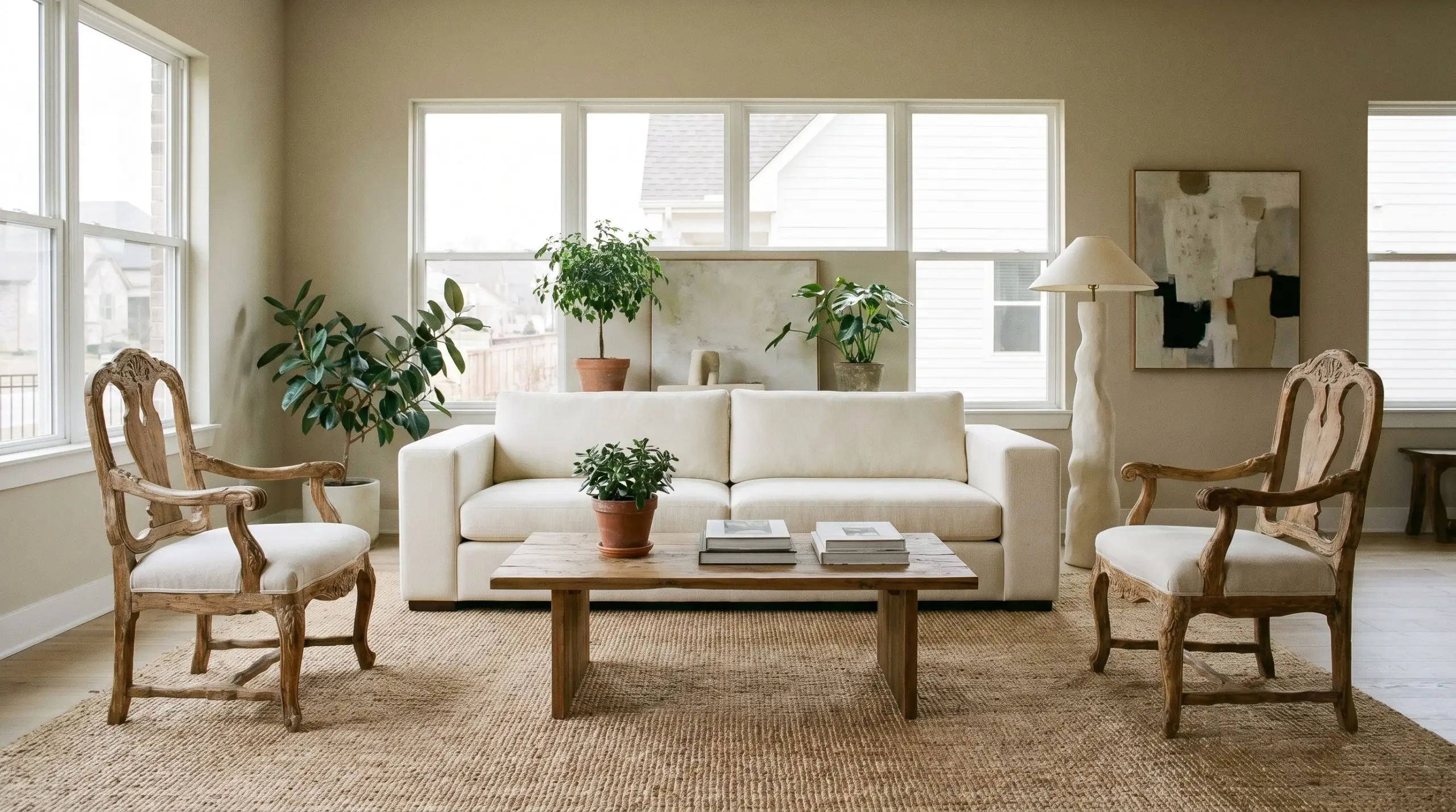 Distressed solid oak French provincial antique chairs flank a crisp contemporary sofa atop a jute rug in a modern shabby chic living room.