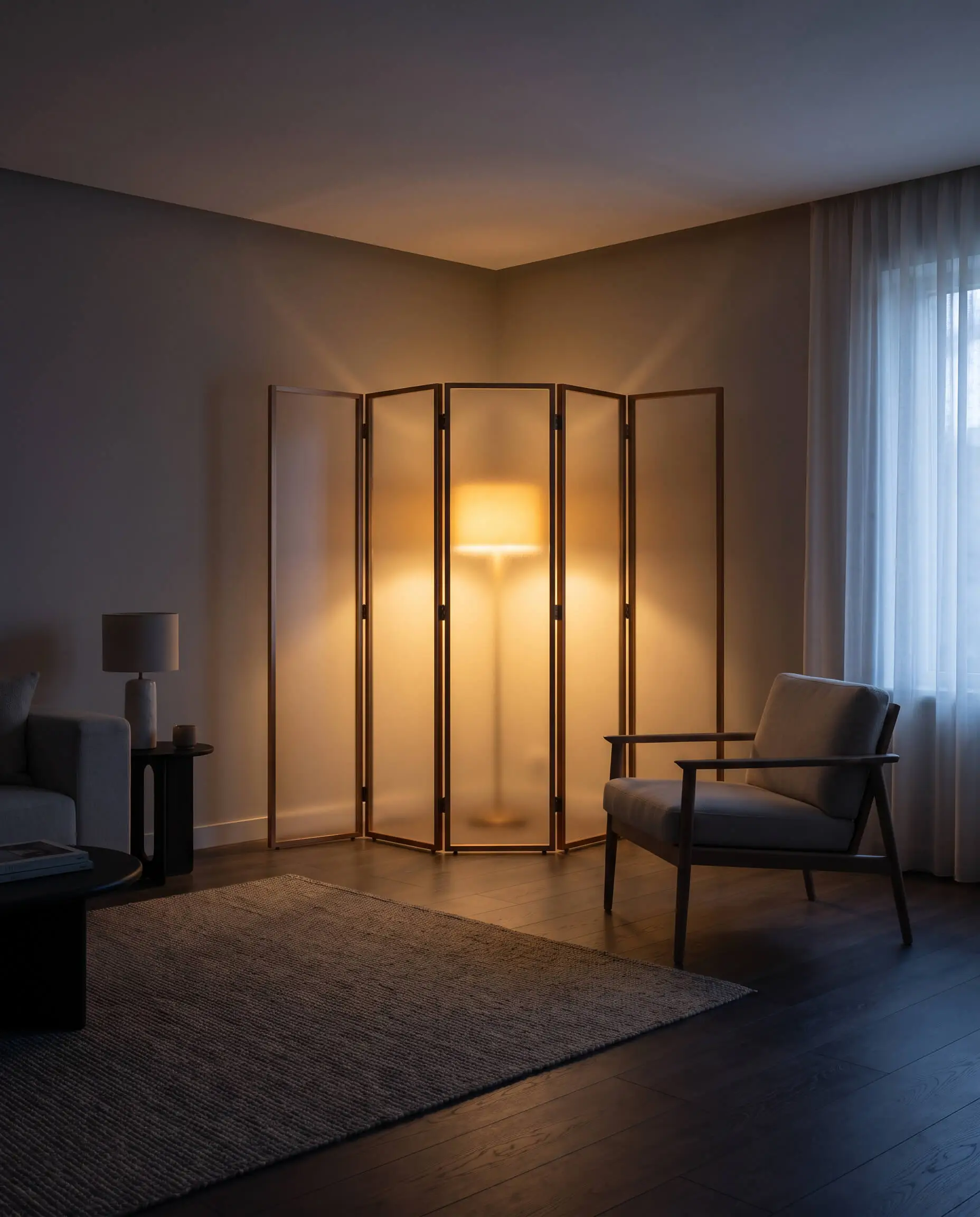 A semi-translucent room divider crafted from frosted acrylic and thin metal framing stands across a dark living room corner, illuminated from behind by a hidden warm LED floor wash-light.
