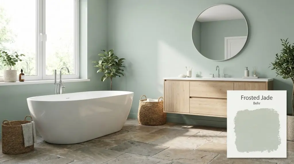 A freestanding white soaking tub and light wood vanity anchor this spa-like modern bathroom painted in Behr Frosted Jade (Hex #c2d1c4).