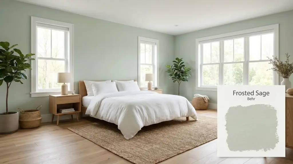 Crisp white linen bedding and minimalist wooden nightstands sit upon light oak flooring under walls painted in Behr N400-2 (Hex #c6d1c4).