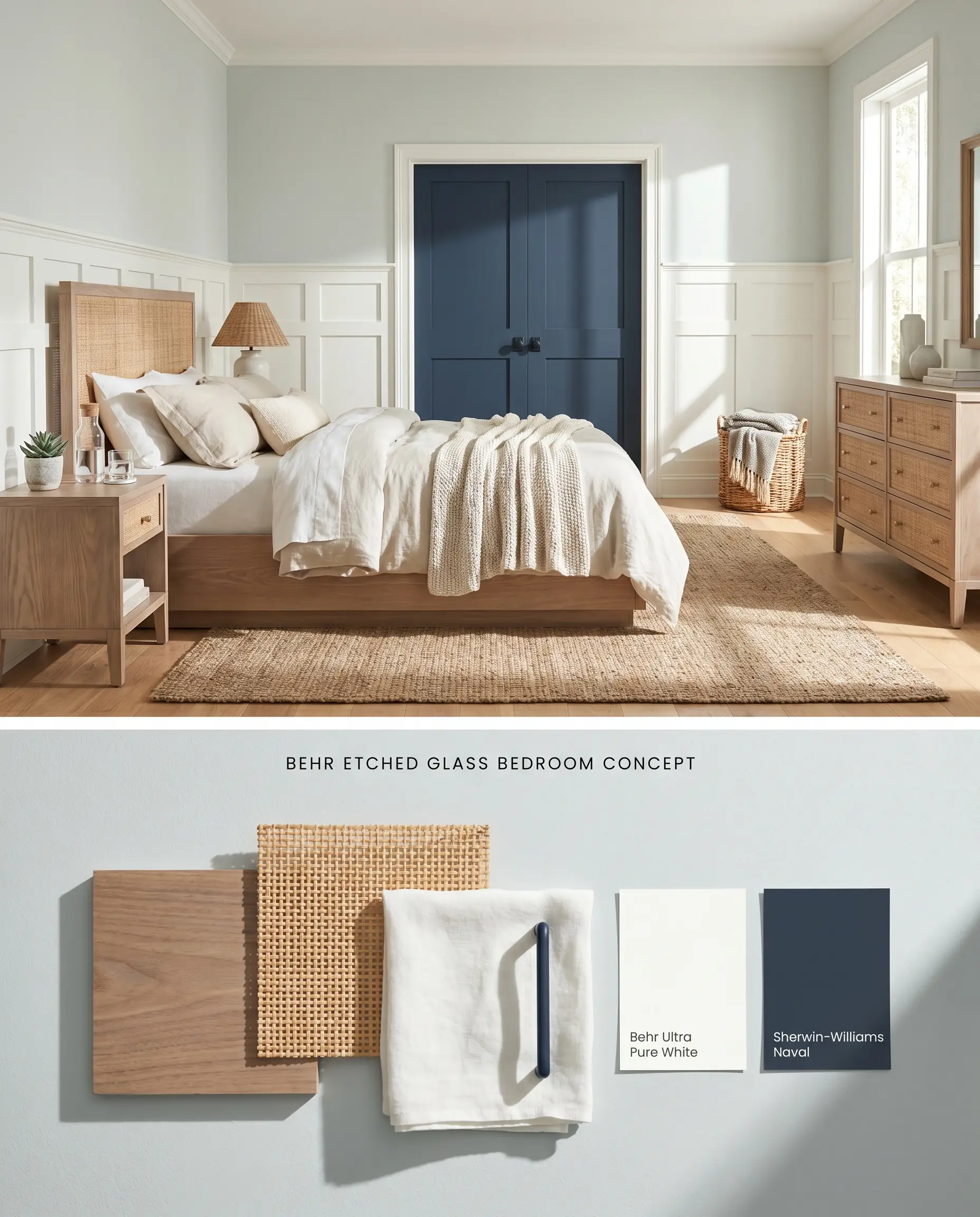 A split-screen composite visualizing a main bedroom painted in Behr Etched Glass above, paired with a textured flat-lay of bleached walnut and woven rattan below.