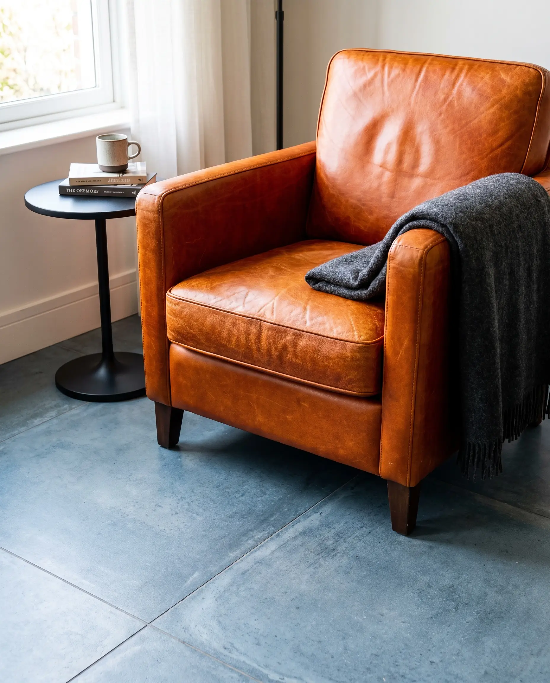 A full-grain cognac leather lounge chair and matte black side table sit on a blue-leaning modern floor in a masculine vignette.