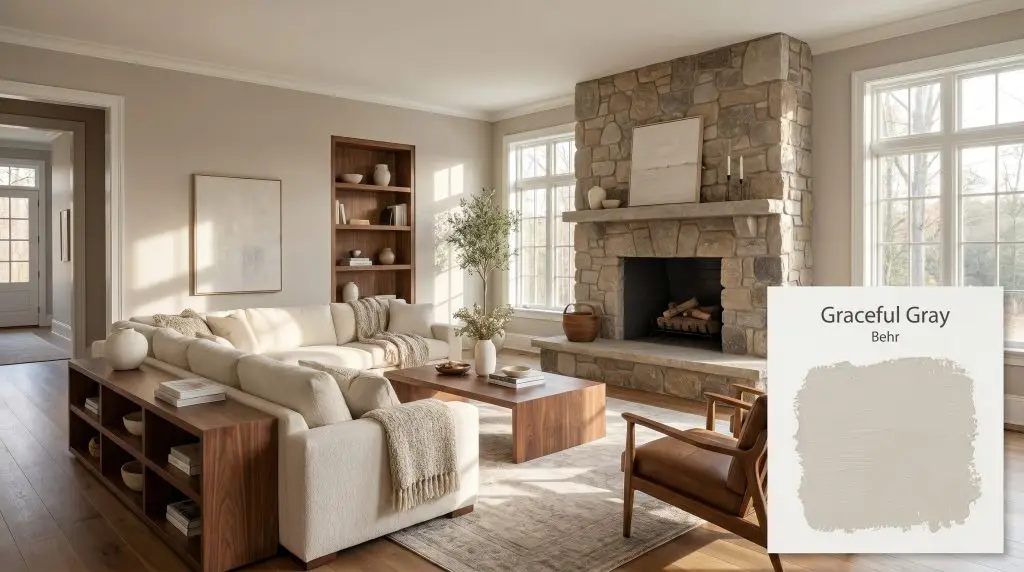 A plush cream sofa and natural stone fireplace rest beneath soft morning light against walls finished in Graceful Gray (Hex #beb6ac).