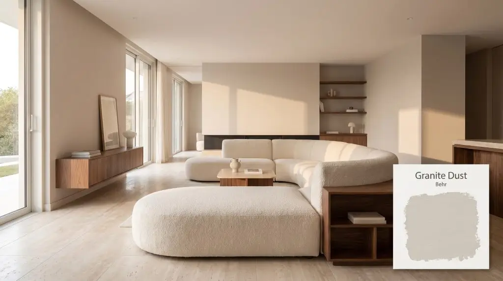 Soft morning light illuminates light travertine floors and a plush boucle sectional against walls finished in Behr Granite Dust (Hex #d7cec4).
