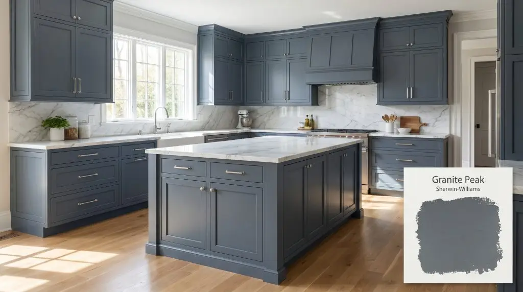 Custom kitchen cabinetry painted in Granite Peak (Hex #606B75) pairs seamlessly with white marble countertops and brushed nickel hardware under bright daylight.
