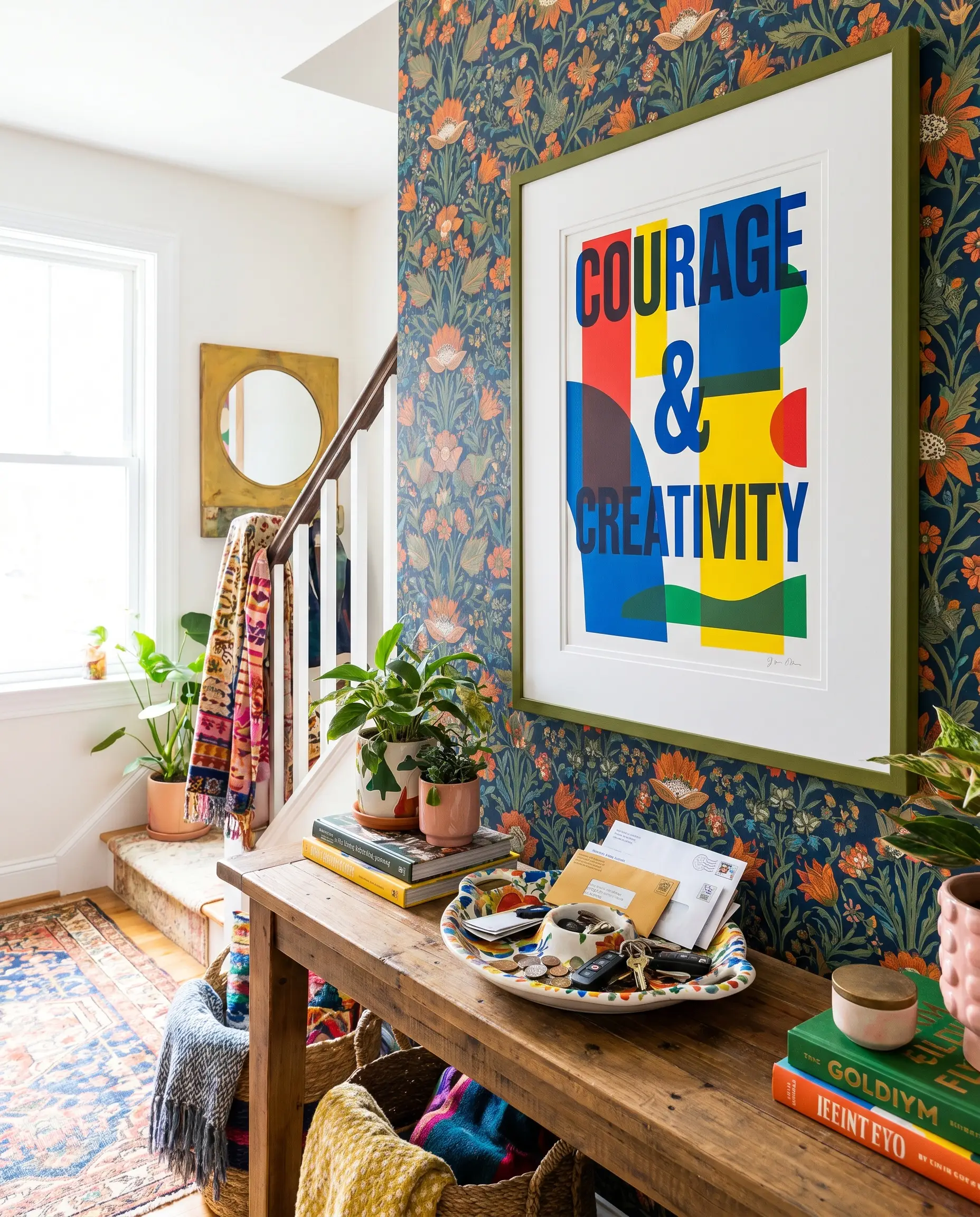 Interior decorating using posters features a graphic print centered inside an extra-wide white mat hanging directly over intricately patterned floral wallpaper.