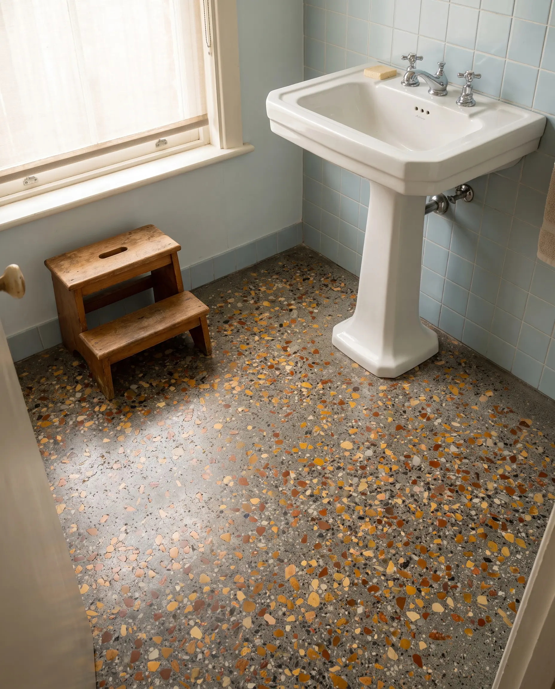 Gray cement terrazzo speckled with amber and terracotta stone chips grounds a mid-century modern bathroom featuring a white pedestal sink.