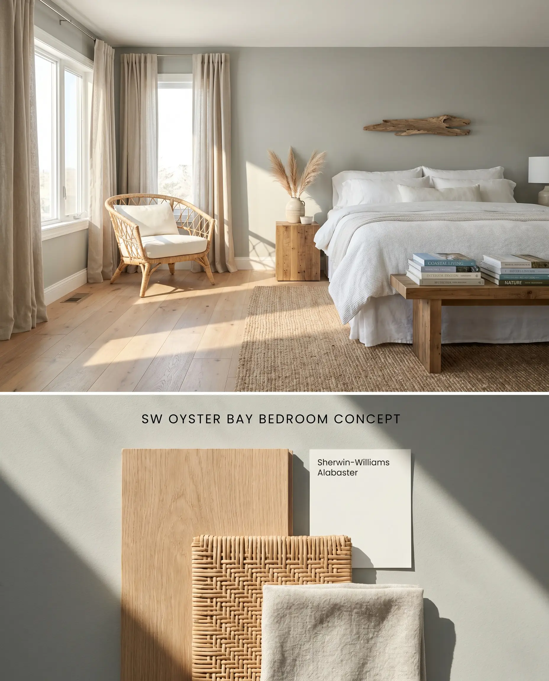 A split digital conceptual board for a bedroom featuring SW Oyster Bay matte walls above, and a flat-lay of white oak and rattan below.
