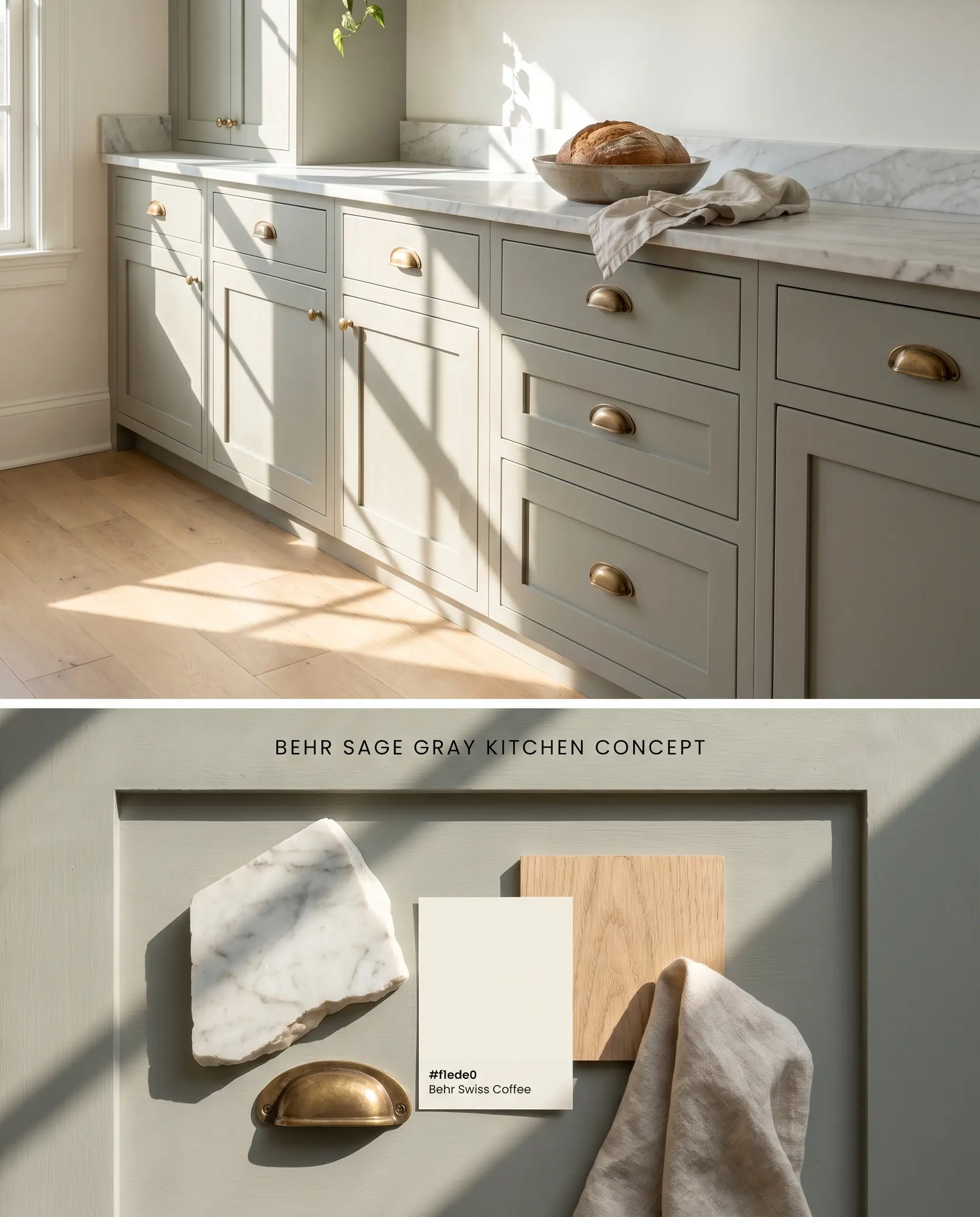 A split digital conceptual board for a kitchen featuring lower cabinetry in a gray-green blend with Danby marble countertops above, and a tactile flat-lay of matching physical materials below.