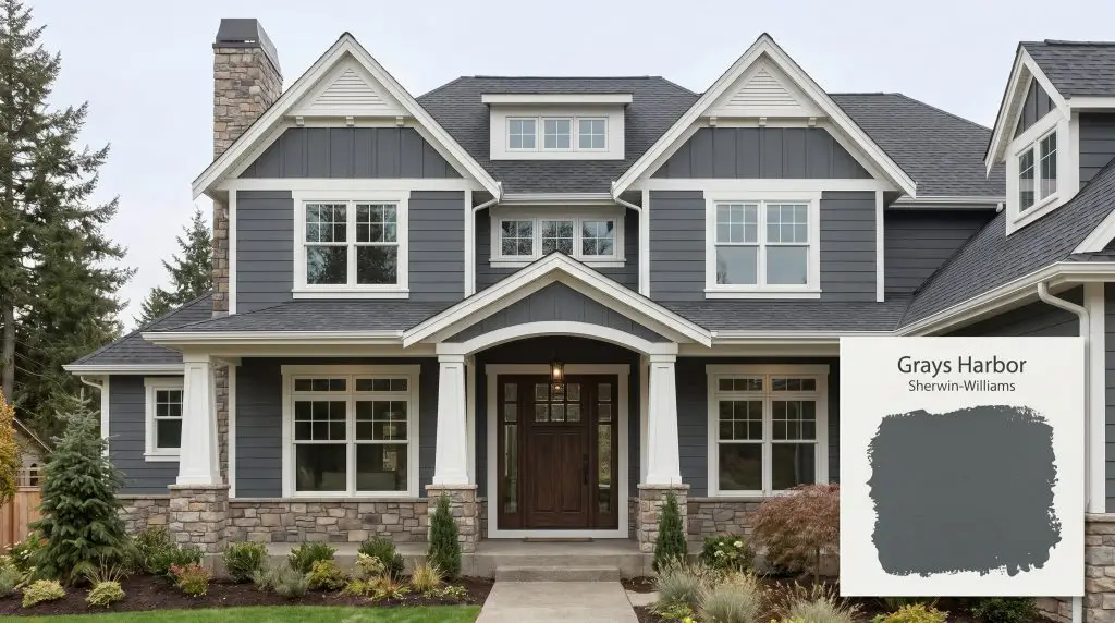 A stately home exterior features crisp white trim and natural stone accents against siding painted in Sherwin-Williams Grays Harbor (Hex #596368).