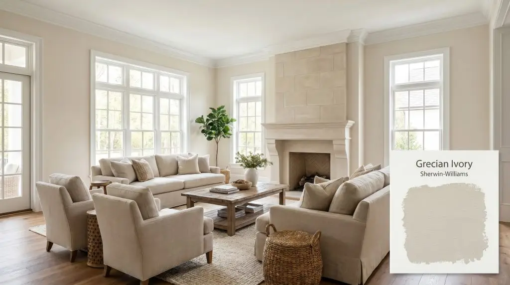 Neutral linen furniture surrounds a limestone fireplace in a transitional living room with Sherwin-Williams Grecian Ivory (Hex #D8CFBE) walls and crisp crown molding.
