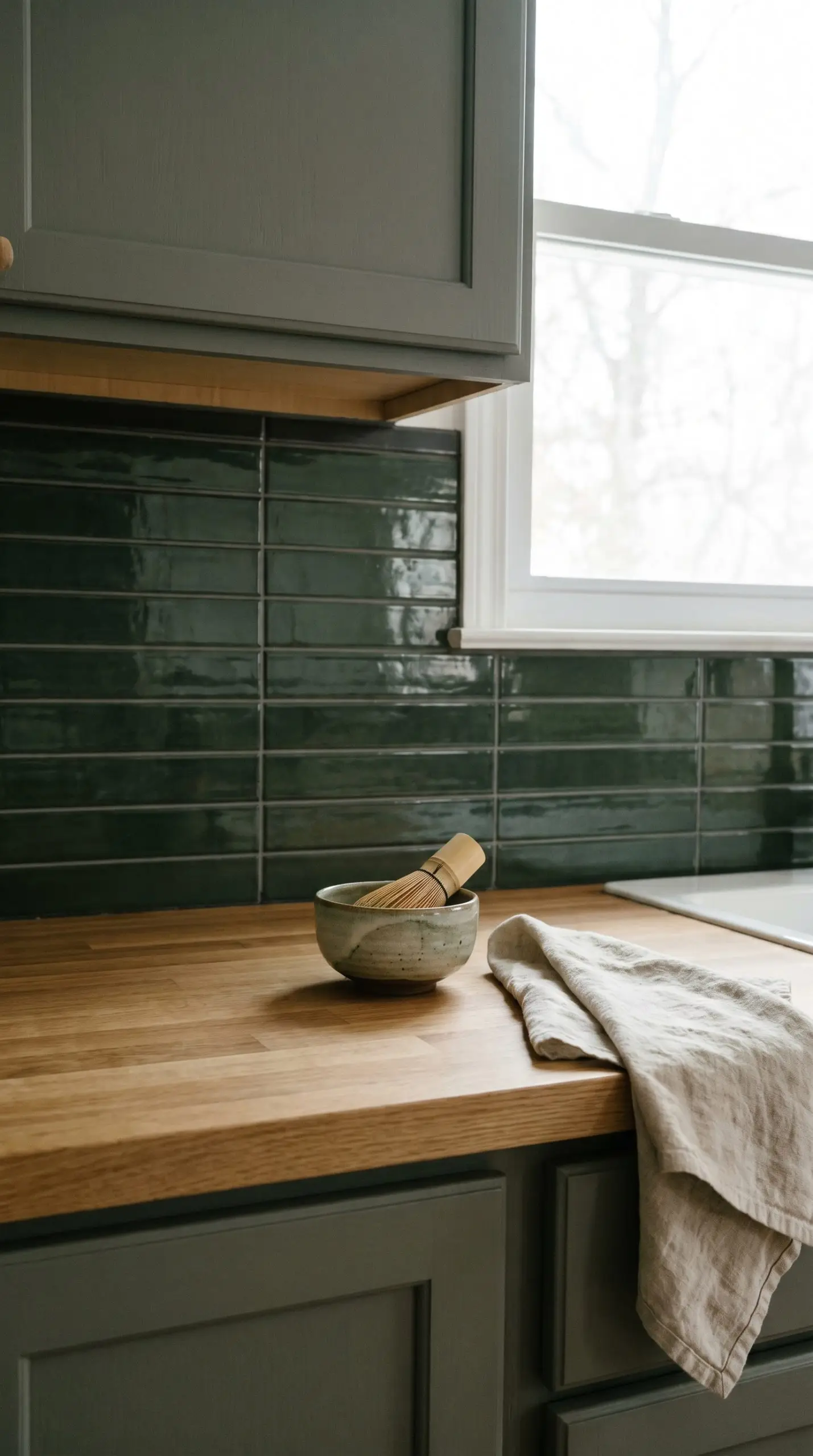Restorative dark tarragon green glazed porcelain finger tiles sit above a white oak butcher block countertop and Japandi cabinetry painted in Sherwin-Williams Pewter Green.