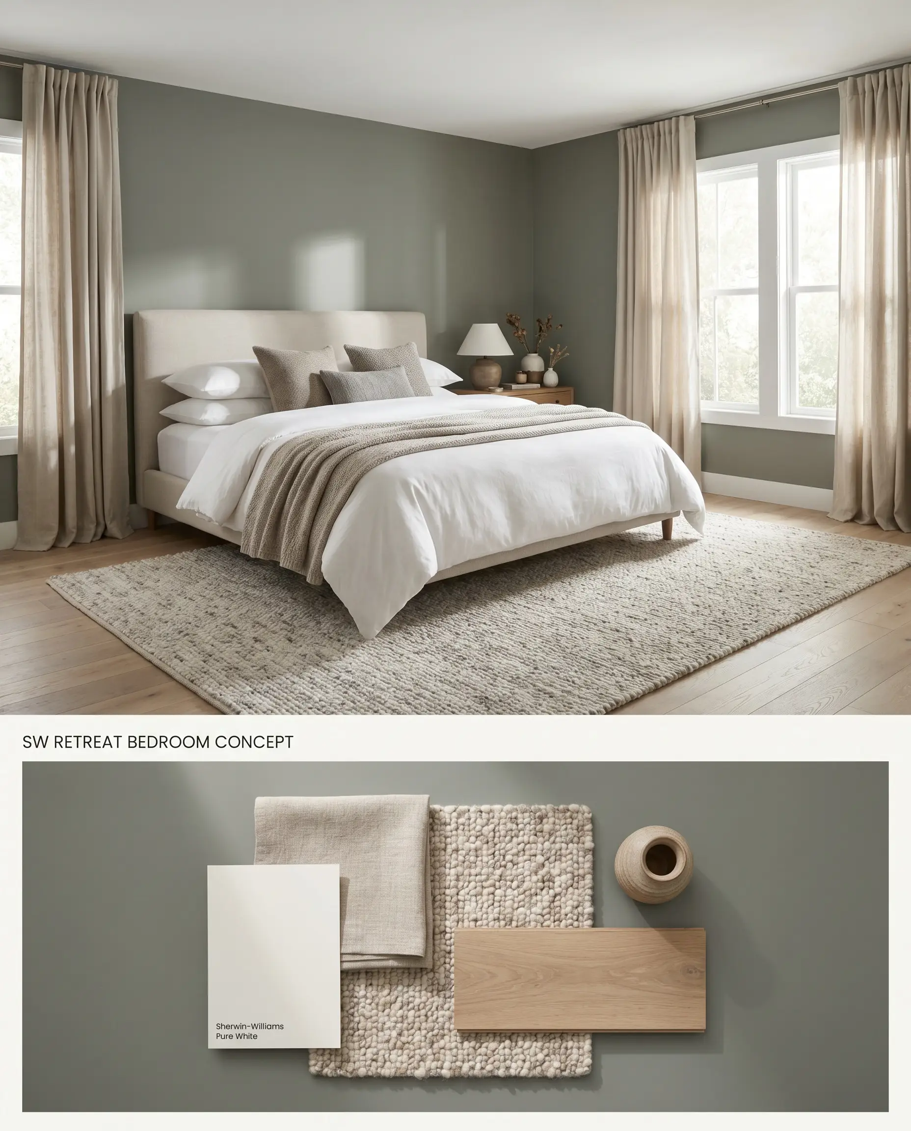 A split digital conceptual board showing a muted primary bedroom with moody earthy tone walls above, and a flat-lay of oatmeal linen, nubby wool, and light oak flooring below.