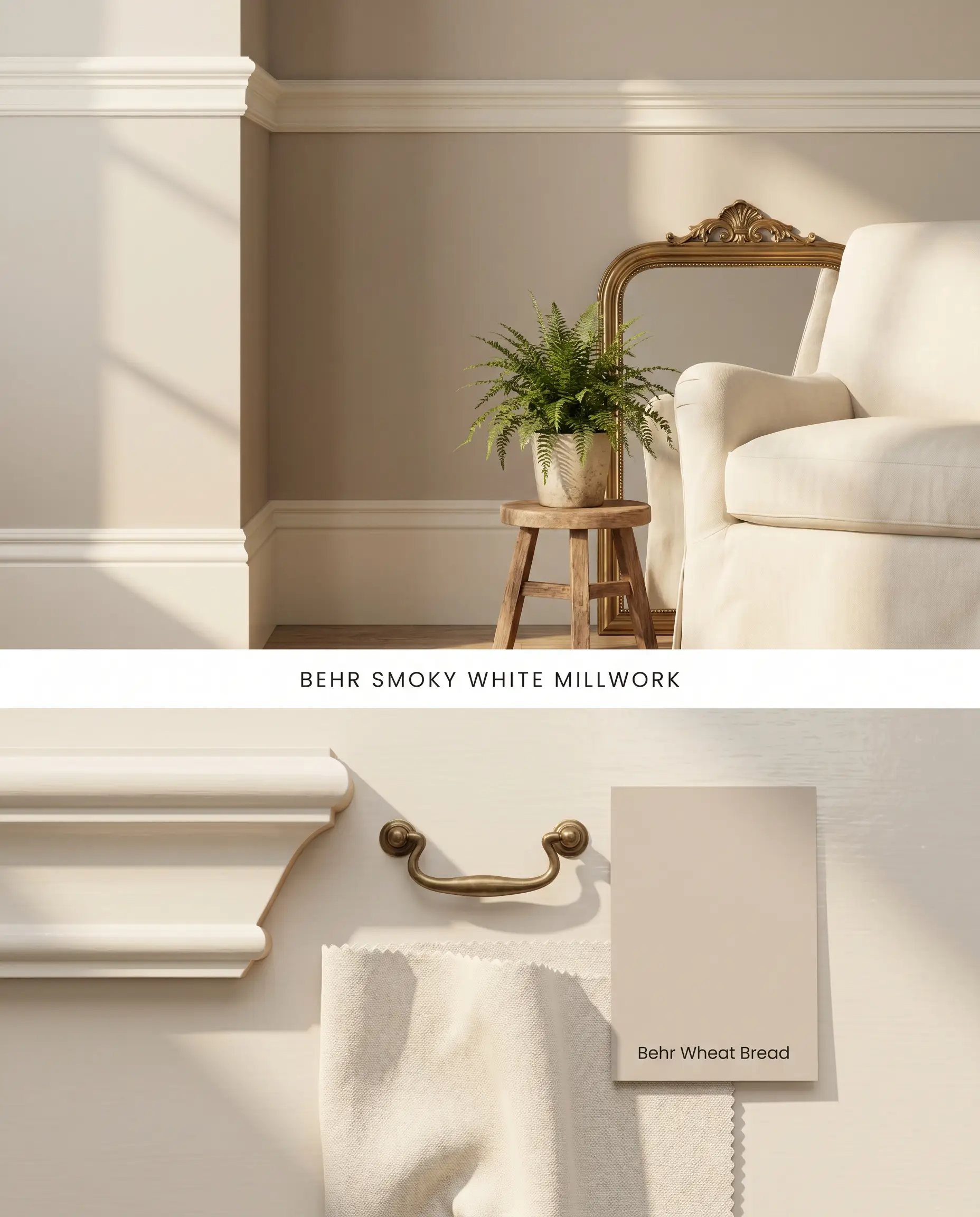 A split digital conceptual board for elegant millwork showcasing greige baseboards over a physical flat-lay of decorative crown molding and vintage brass hardware.