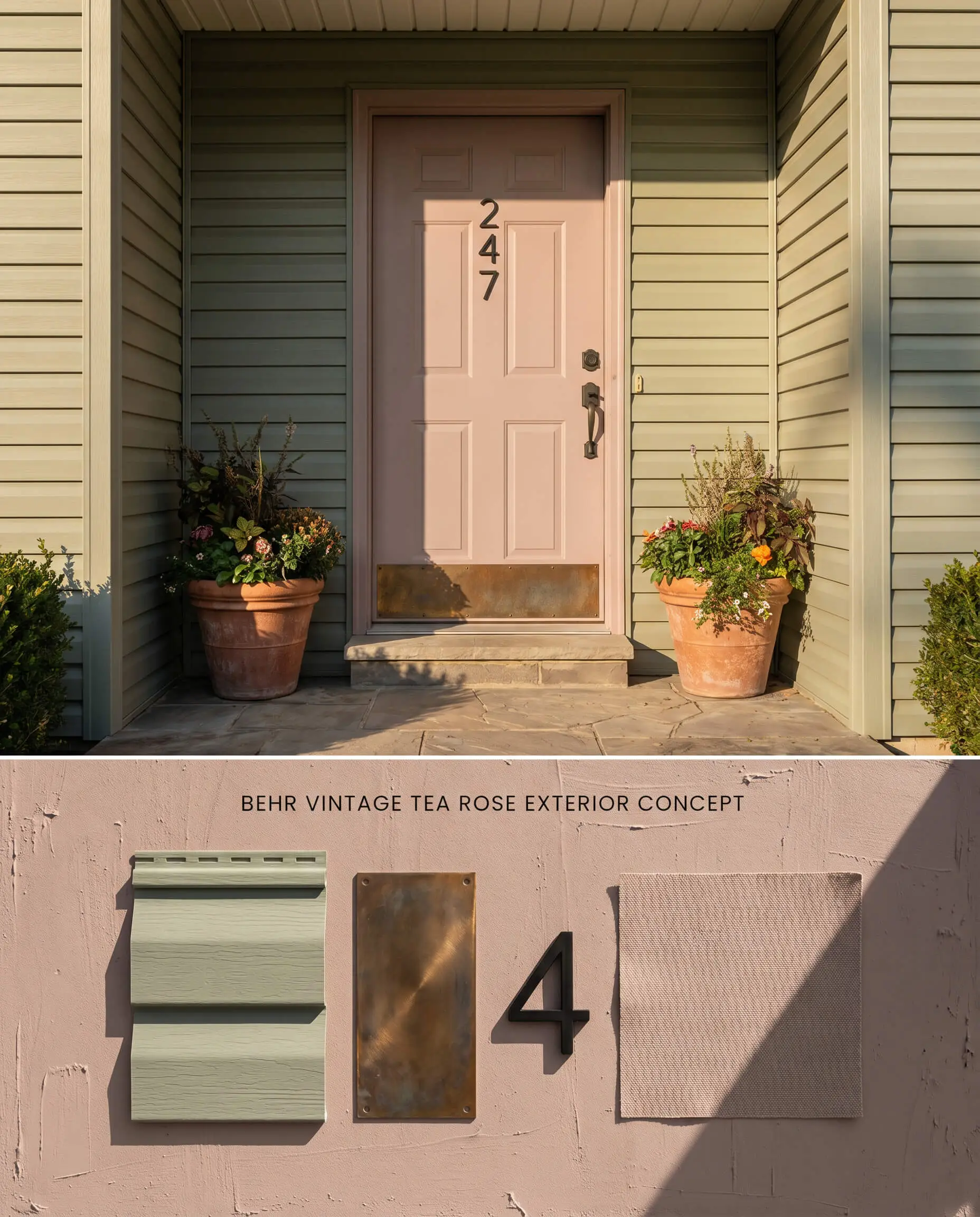 A split digital conceptual board for an exterior entryway, showcasing a Behr Vintage Tea Rose front door against sage green siding, positioned above a flat-lay of aged bronze and terracotta materials.