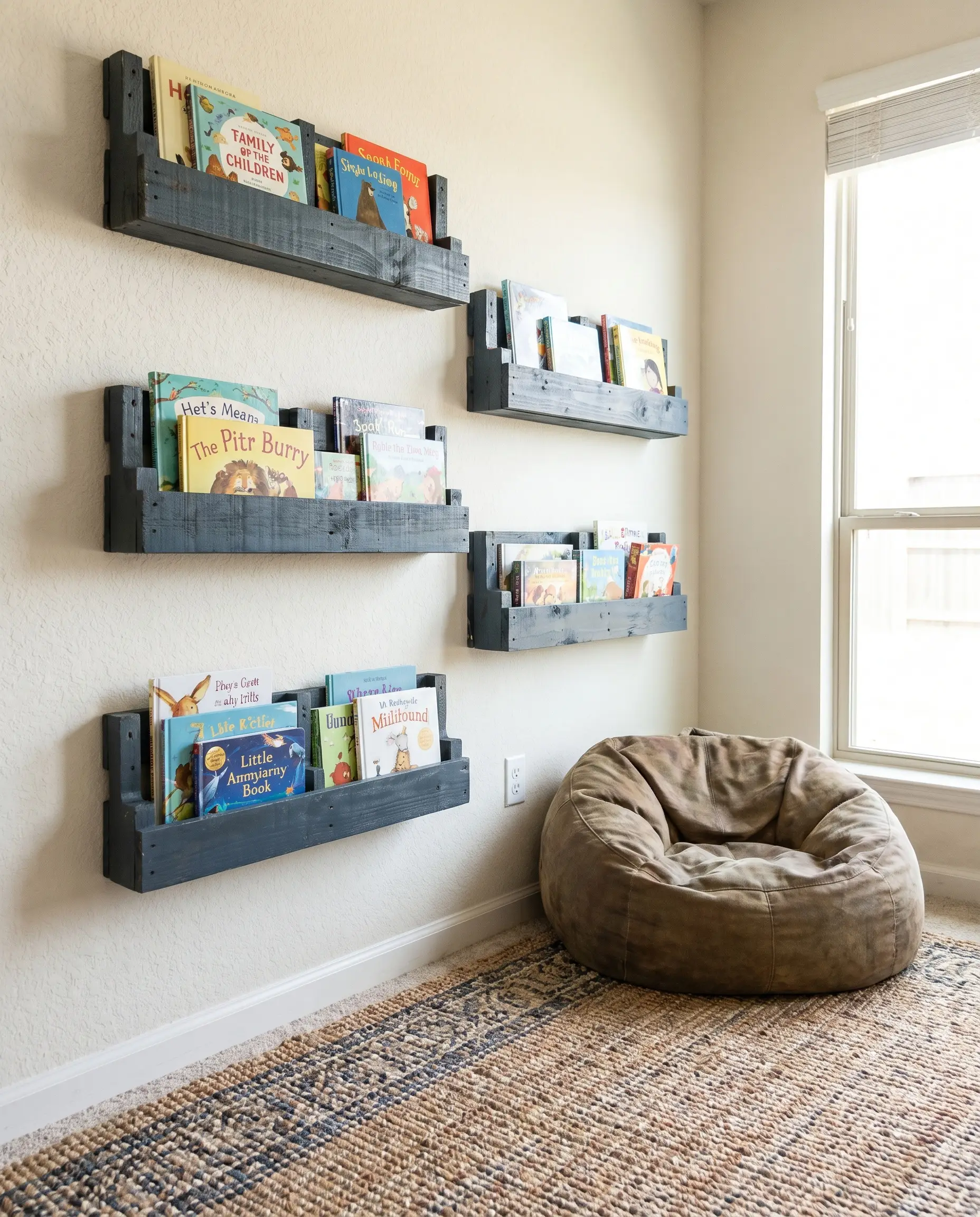 Shallow rustic floating ledges created from horizontally sliced quarter-cut pallets painted in Farrow & Ball Hague Blue display children's books in a cozy playroom.