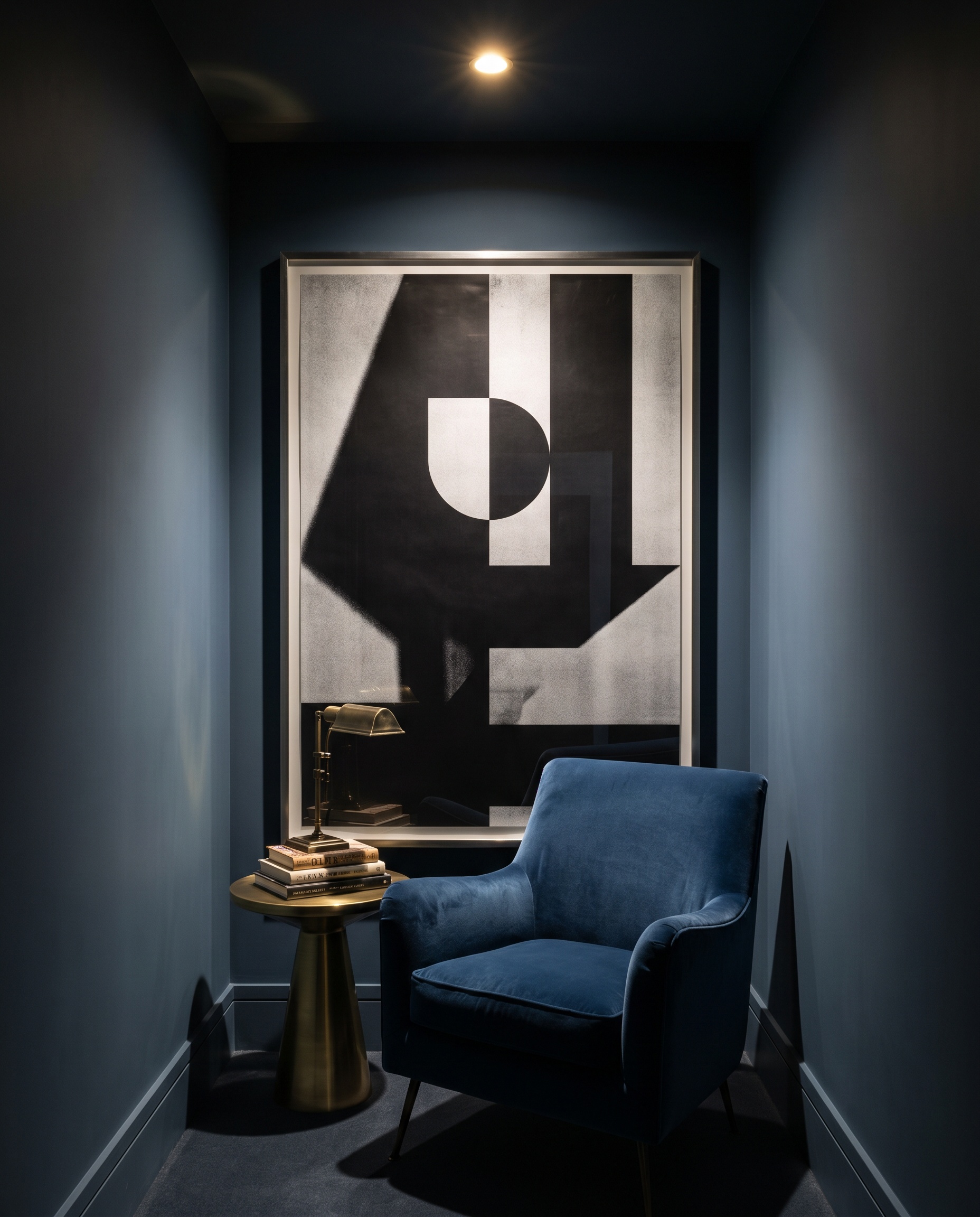 A massive high-contrast graphic poster in a thin metal frame dominates a Hague Blue painted jewel box nook featuring a velvet armchair.