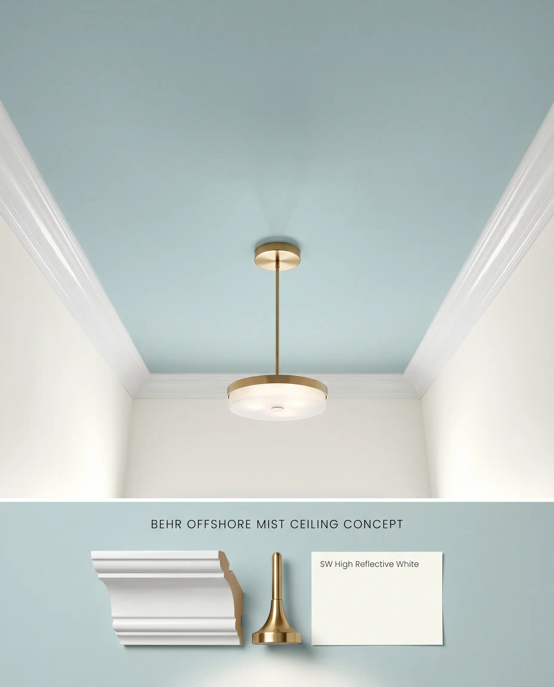 A composite digital board for an architectural ceiling, featuring a soft blue overhead surface above and a high-gloss molding flat-lay below.