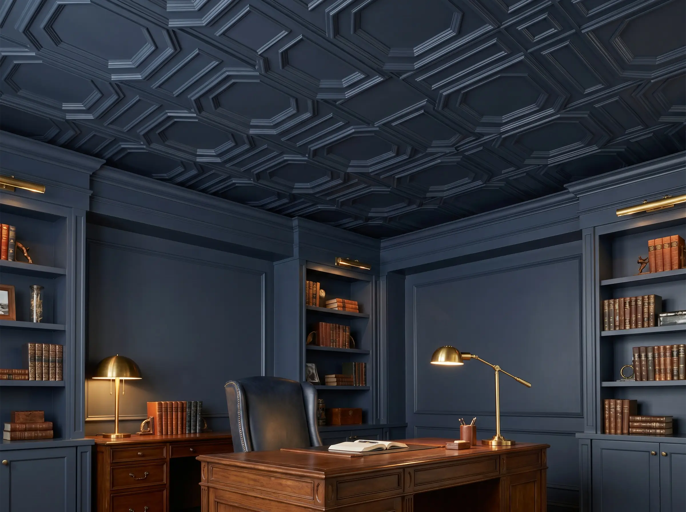 A sophisticated modern drop ceiling features geometric polyurethane coffered tiles painted in Hale Navy above a transitional heritage home office with a wooden executive desk.